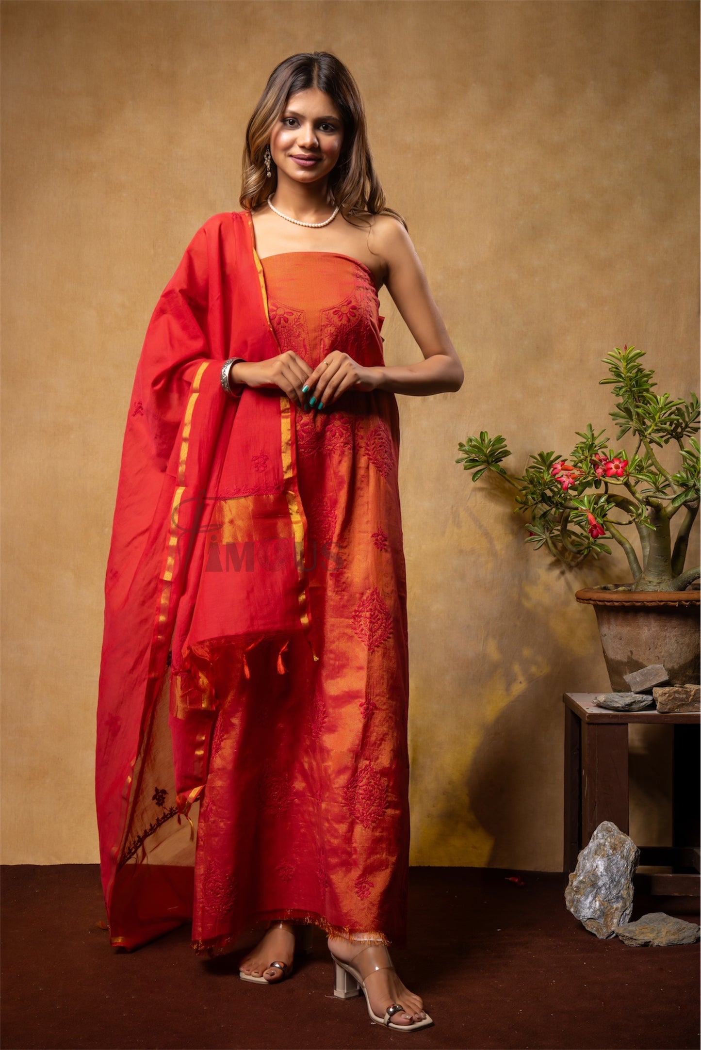 Hafsa – Rustic Orange Chikankari Unstitched Kurta Dupatta in Tissue Chanderi Fabric