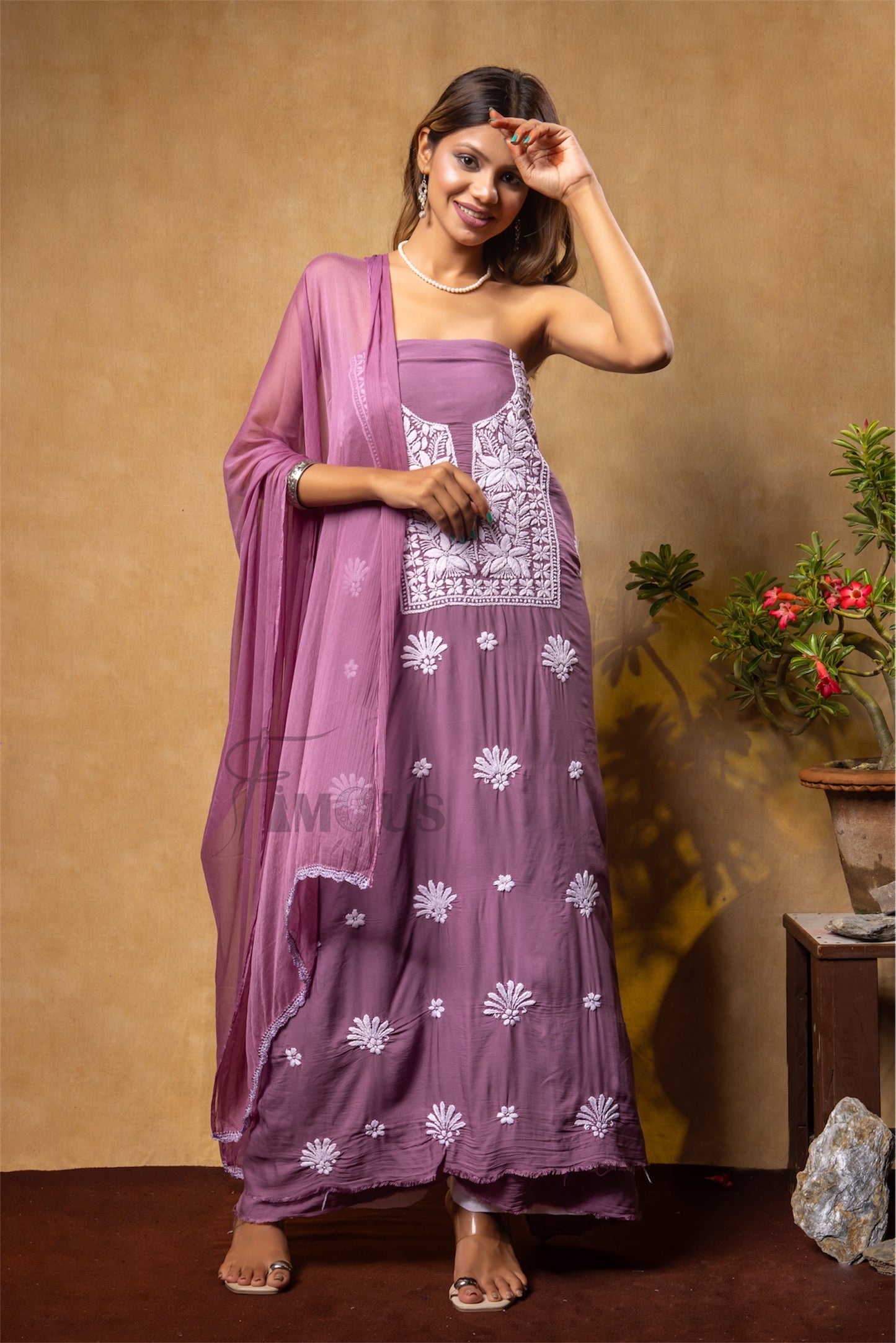 Mariam Modal Chikankari Unstitched Suit|Wine
