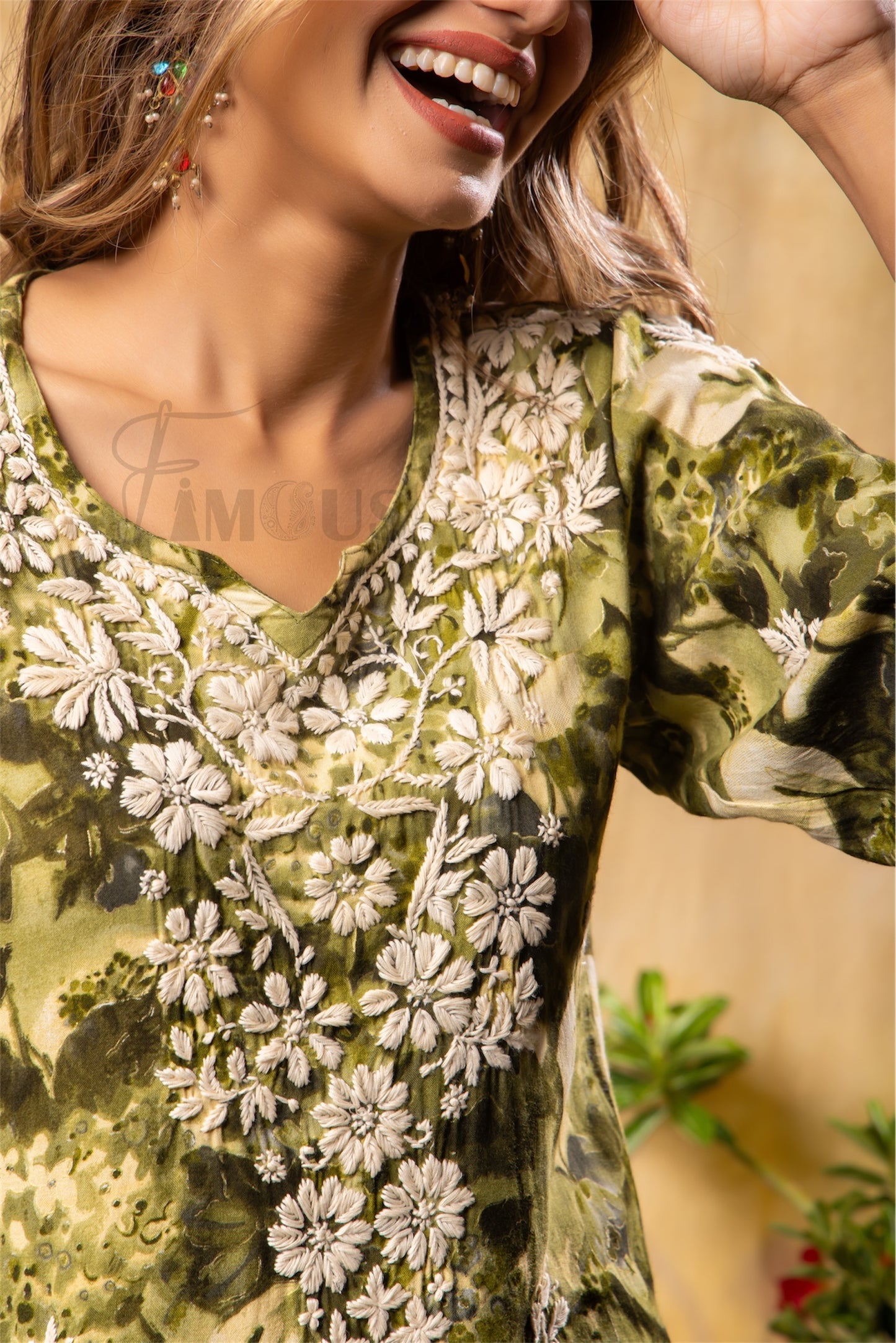 Queens Gold Print Chikankari Kurta with Beige Embroidery|Mehndi