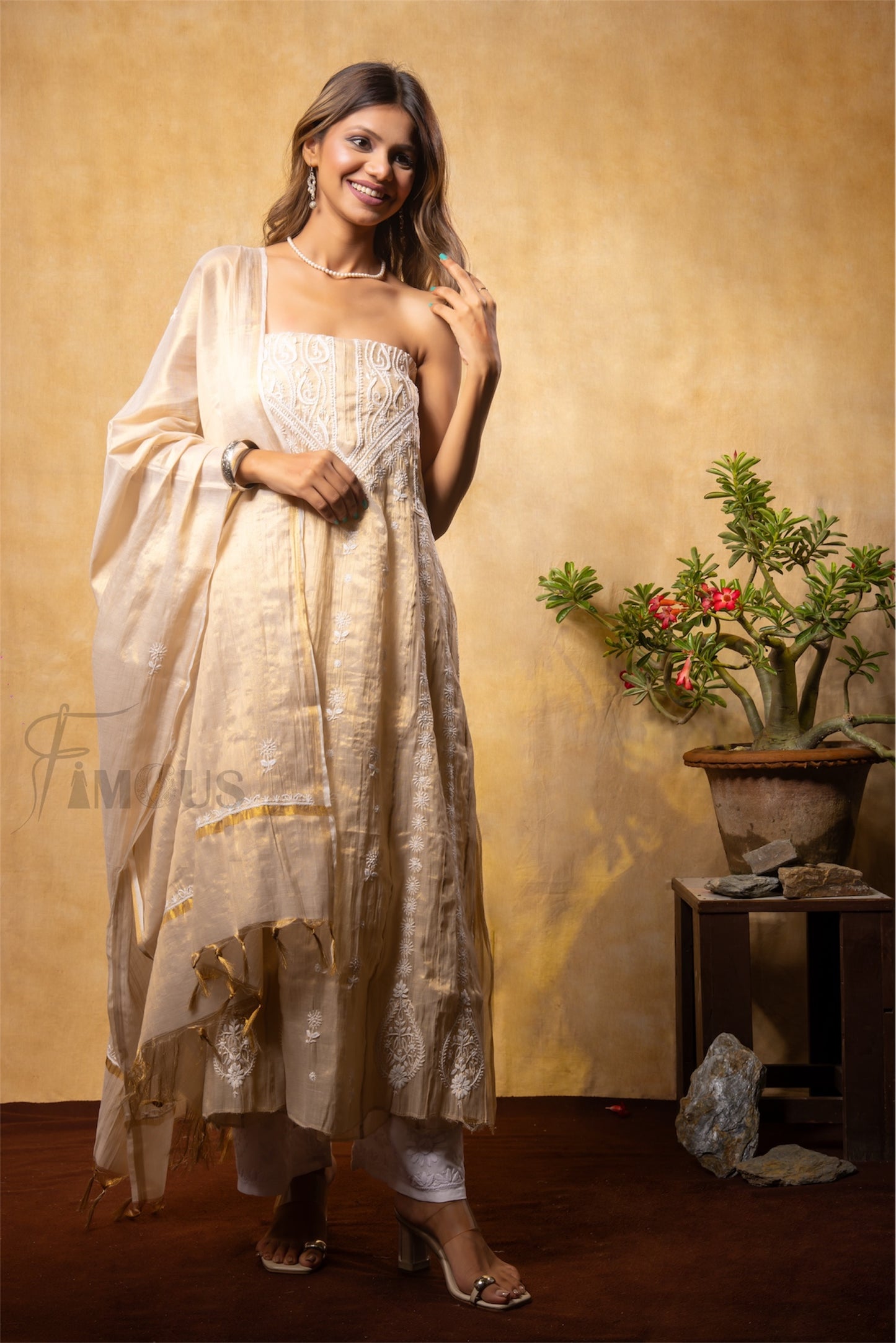 Zarmeen Gown |Tussar Gold Chikankari Semi-Stitched Gown With Dupatta