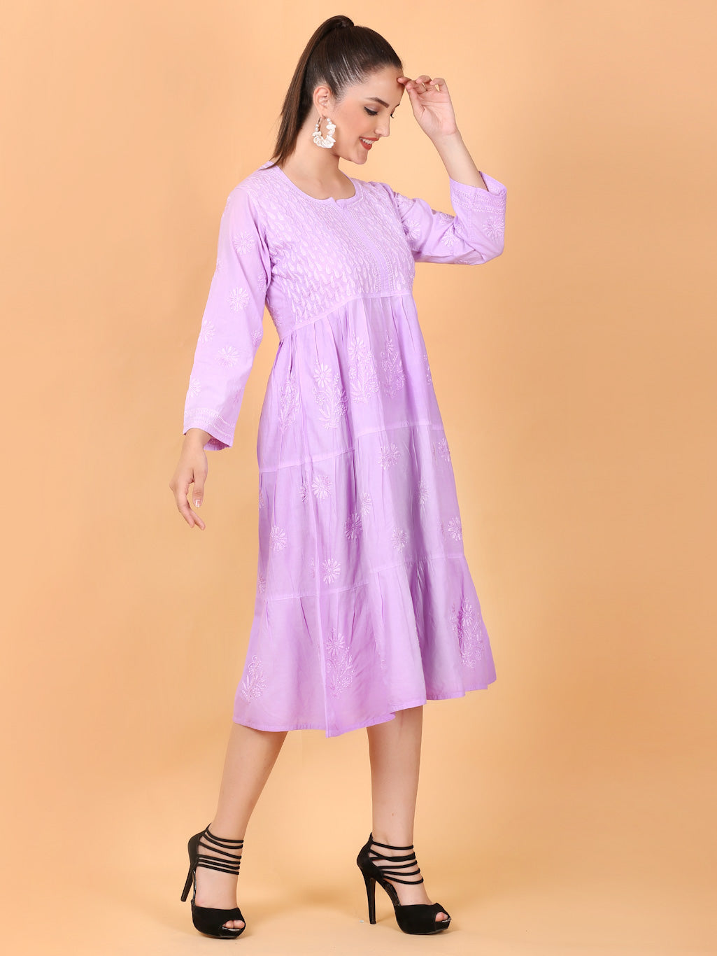 Lilac Chikankari Mulmul Three Layer Frock - Famous Chikankari