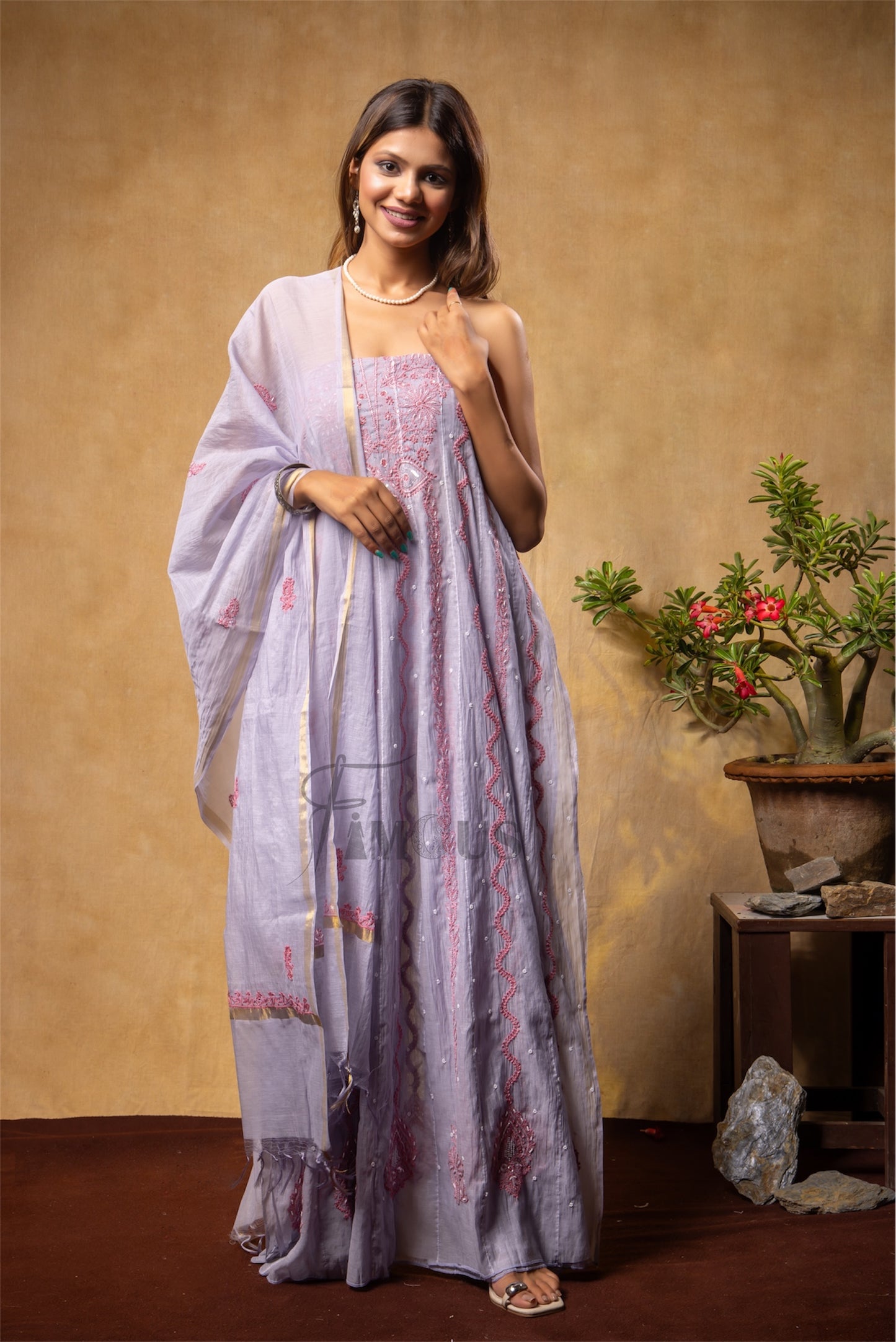 Rania – Grey Anarkali Semi-Stitched in Mul Chanderi with Pink Chikankari Embroidery