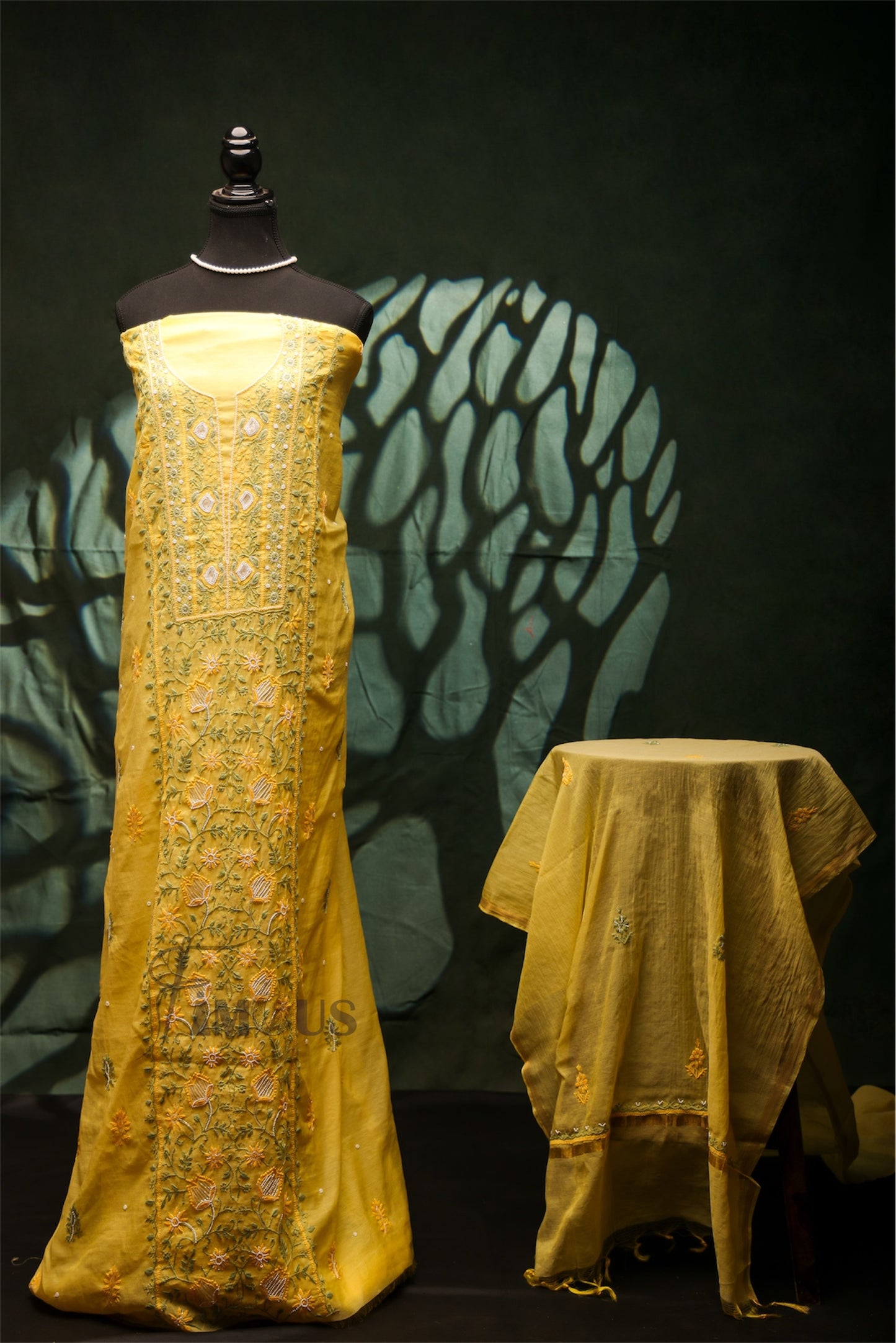 Zunaira Mul Chanderi – Unstitched Lemon Yellow Chikankari & Pearl Work Full Set