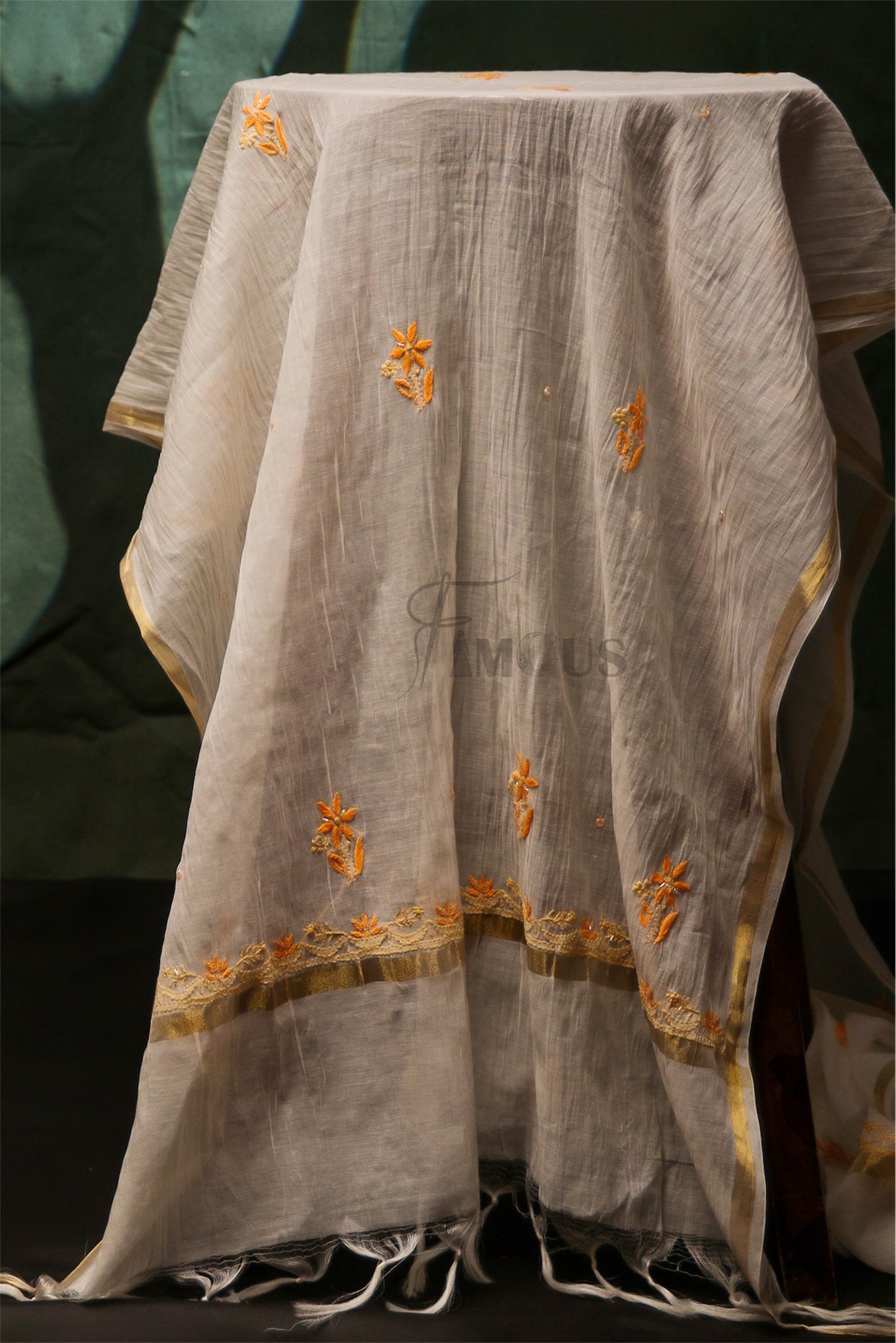 Zunaira Mul Chanderi – Unstitched White & Pastel Chikankari & Pearl Kurta Dupatta Set