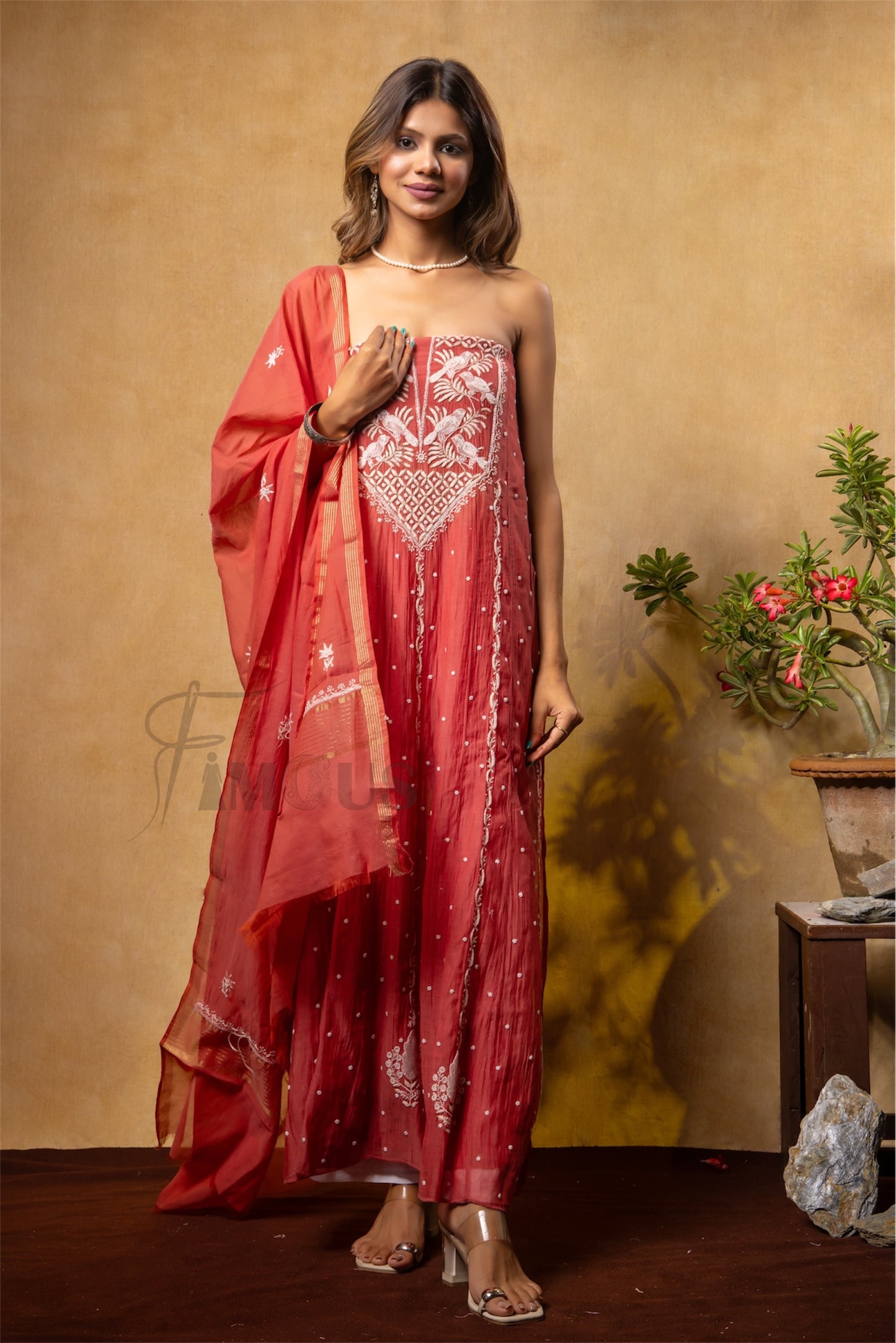 Hoorain – Rust Premium Chikankari Anarkali and Dupatta Set
