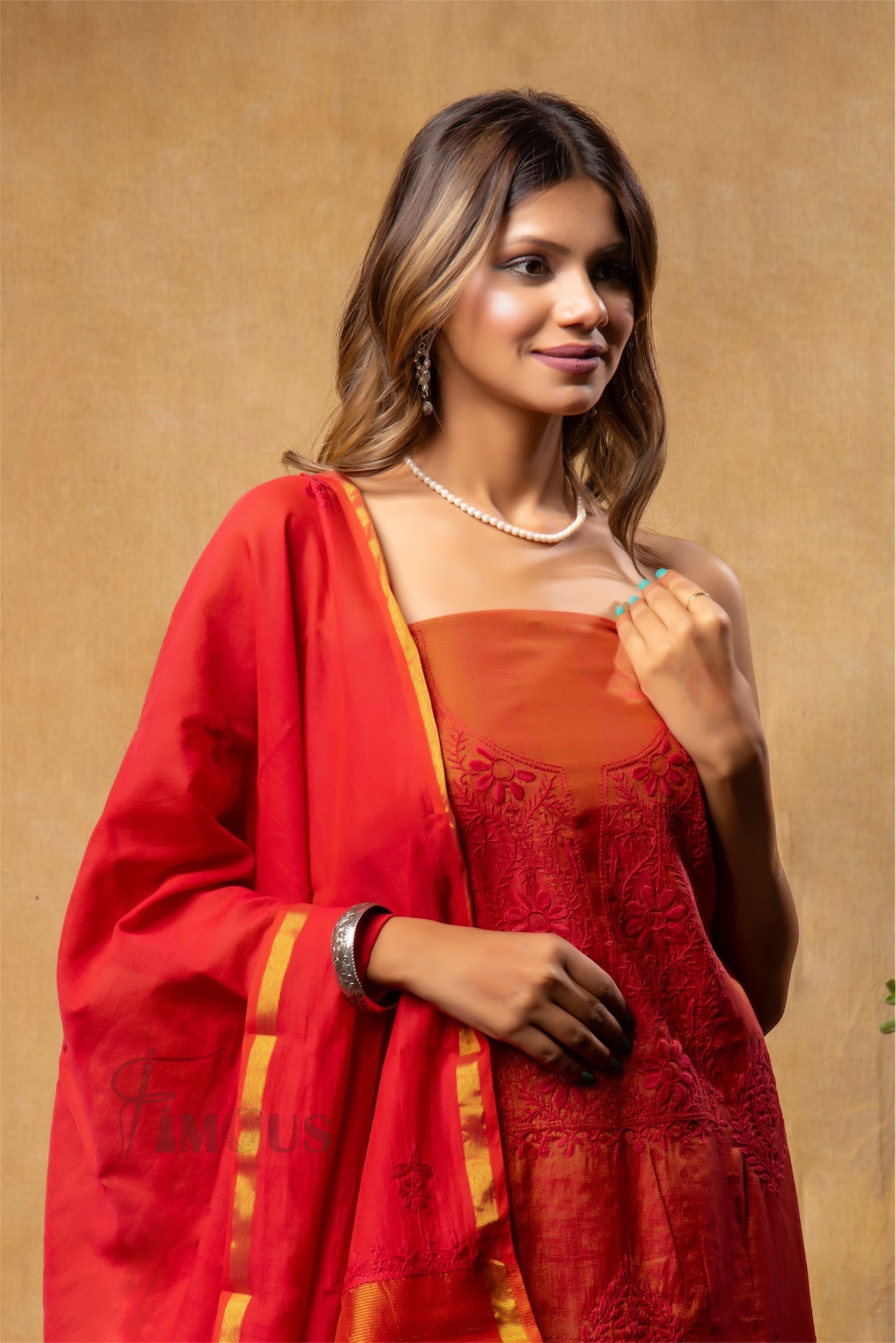 Hafsa – Rustic Orange Chikankari Unstitched Kurta Dupatta in Tissue Chanderi Fabric