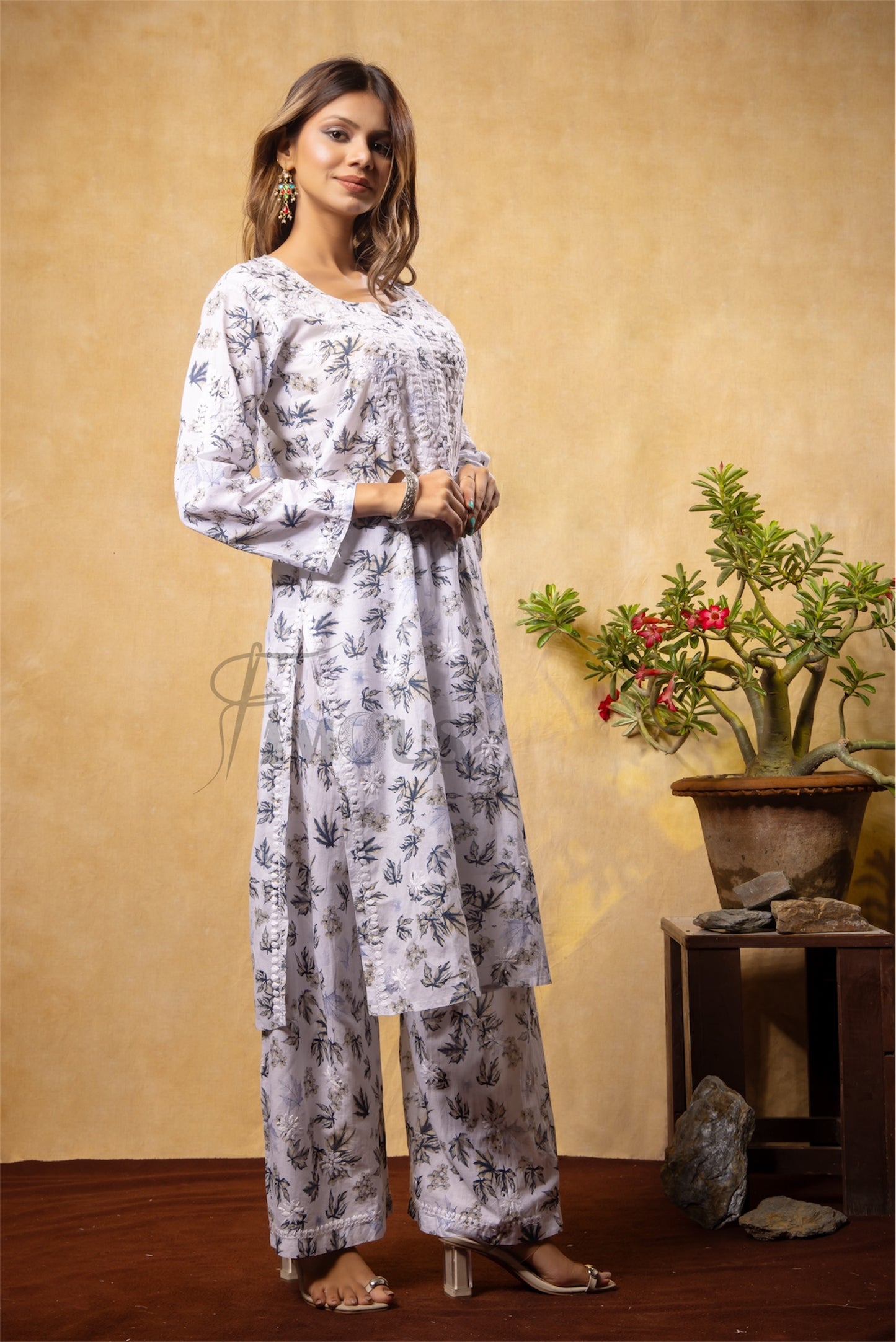 Alya Chikankari Printed Mulmul Kurta Set with Palazzo|Grey