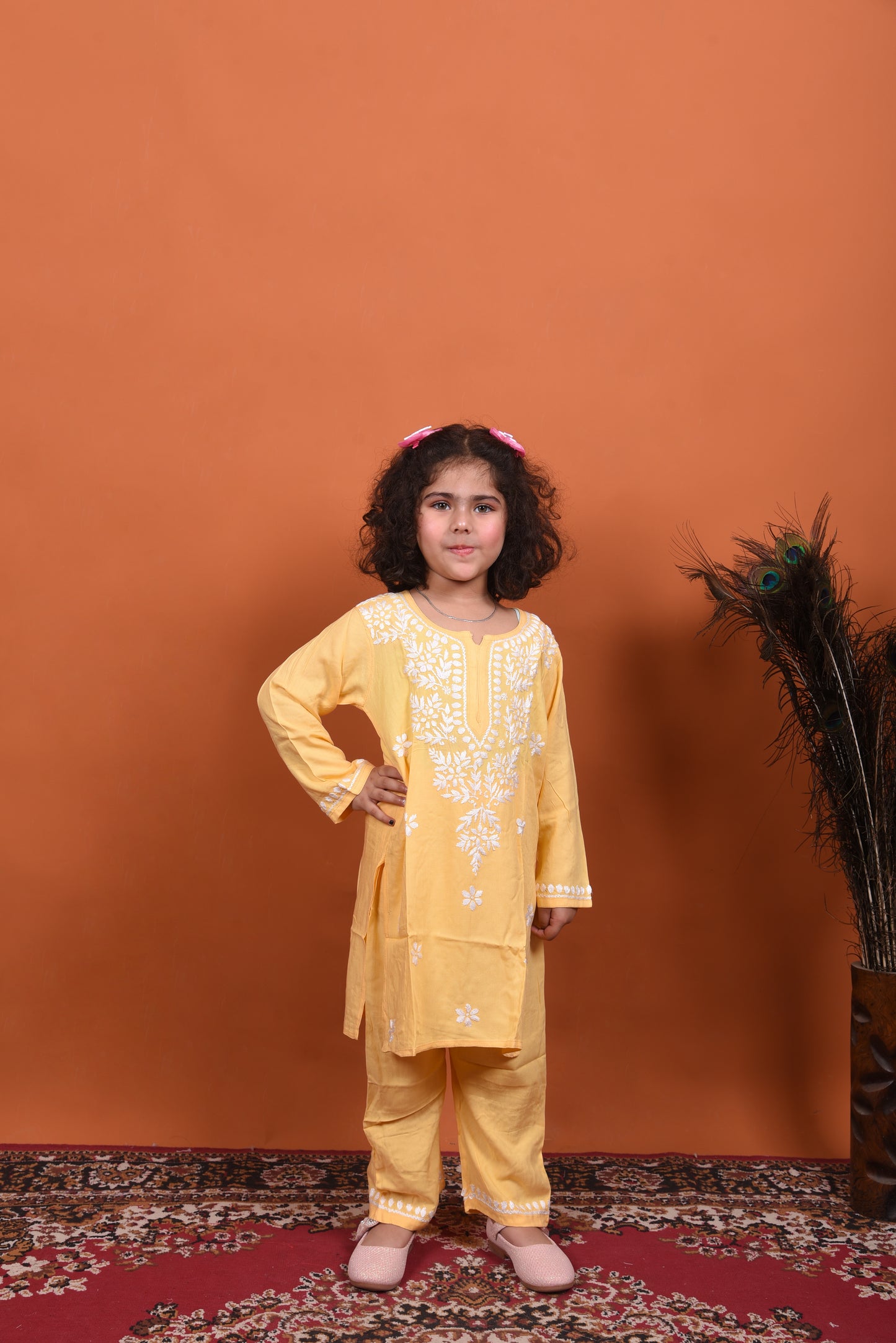 Playtime Perfection: Yellow Chikankari Kurti Plazo for Girls