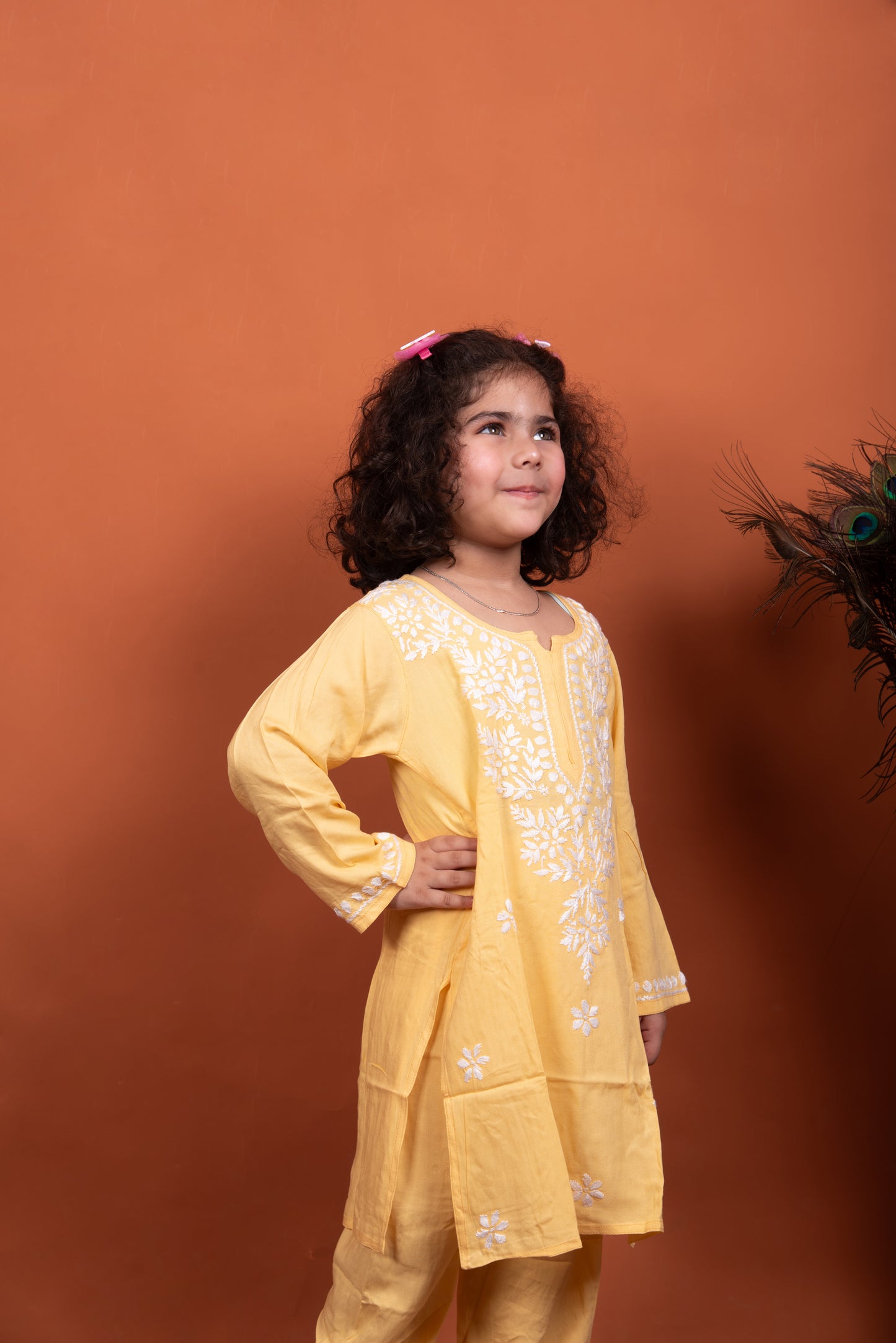 Playtime Perfection: Yellow Chikankari Kurti Plazo for Girls
