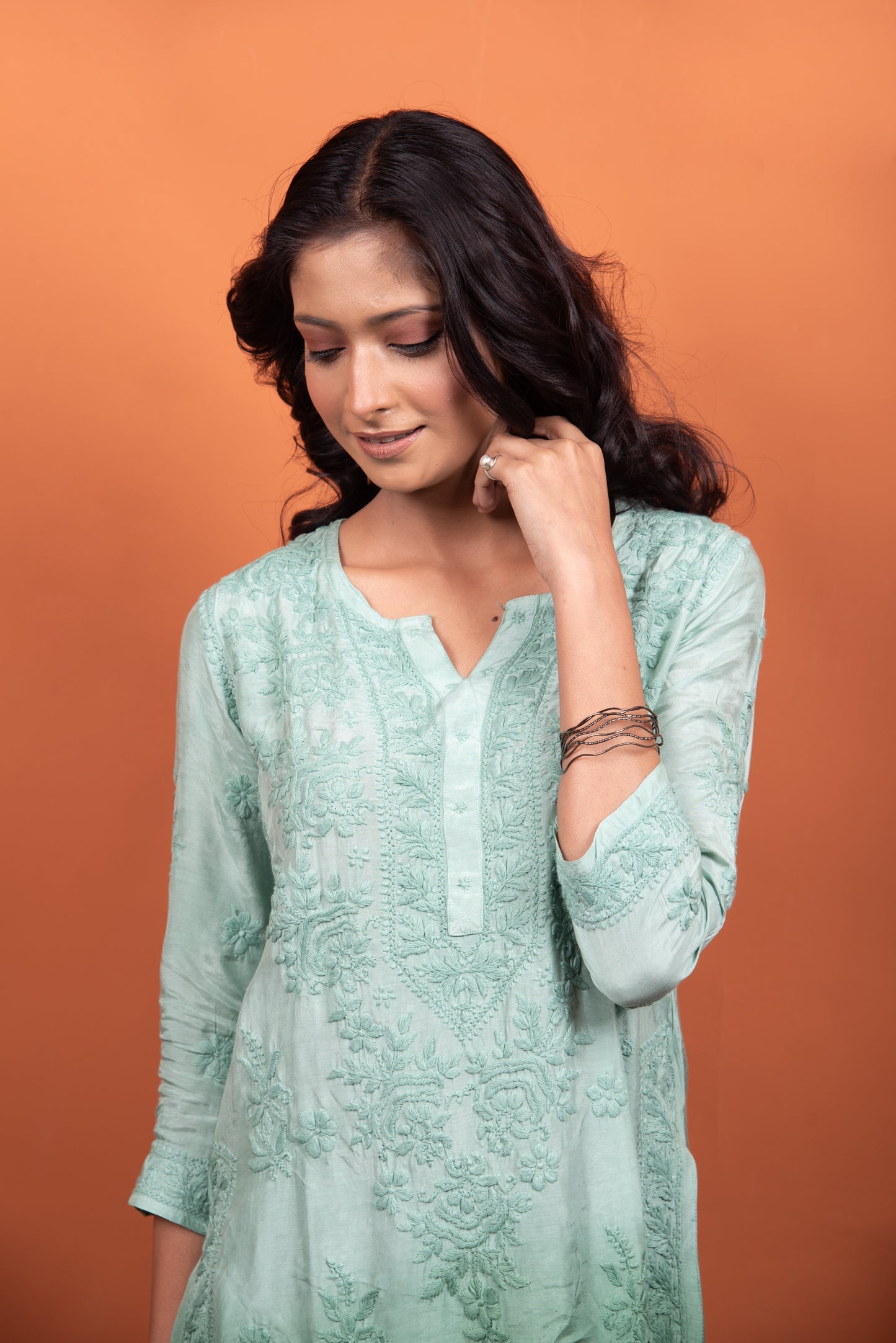 Liyana Mint Green Chikankari Long Kurti with Pant