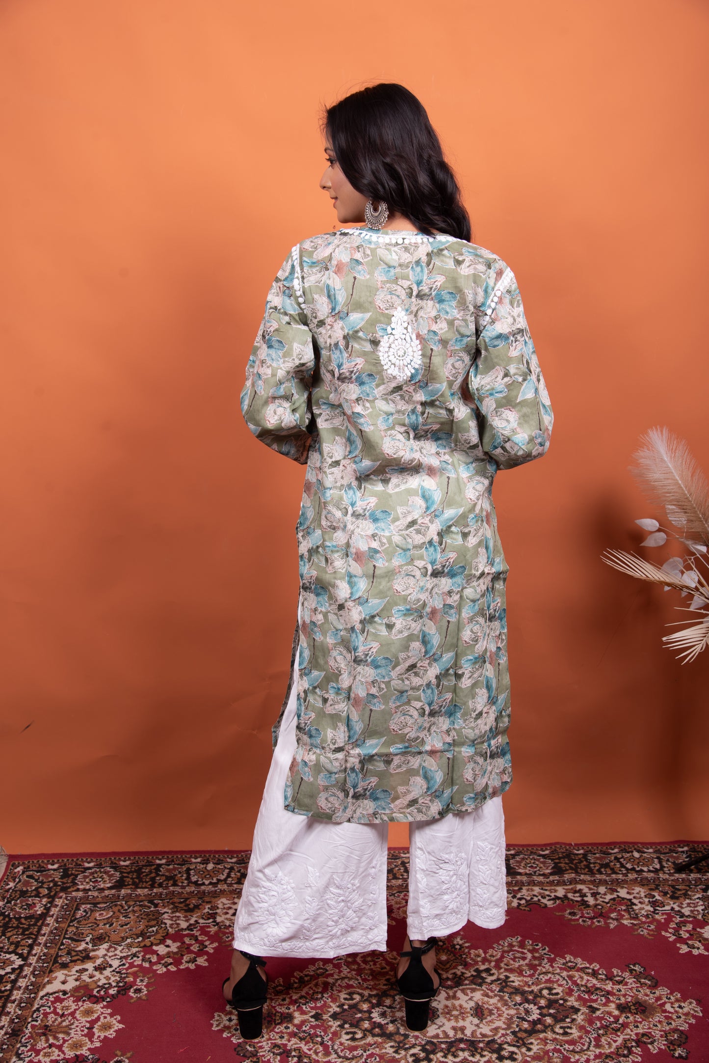 Suhana Chikankari Long Kurti in Olive Green Mulmul Cotton