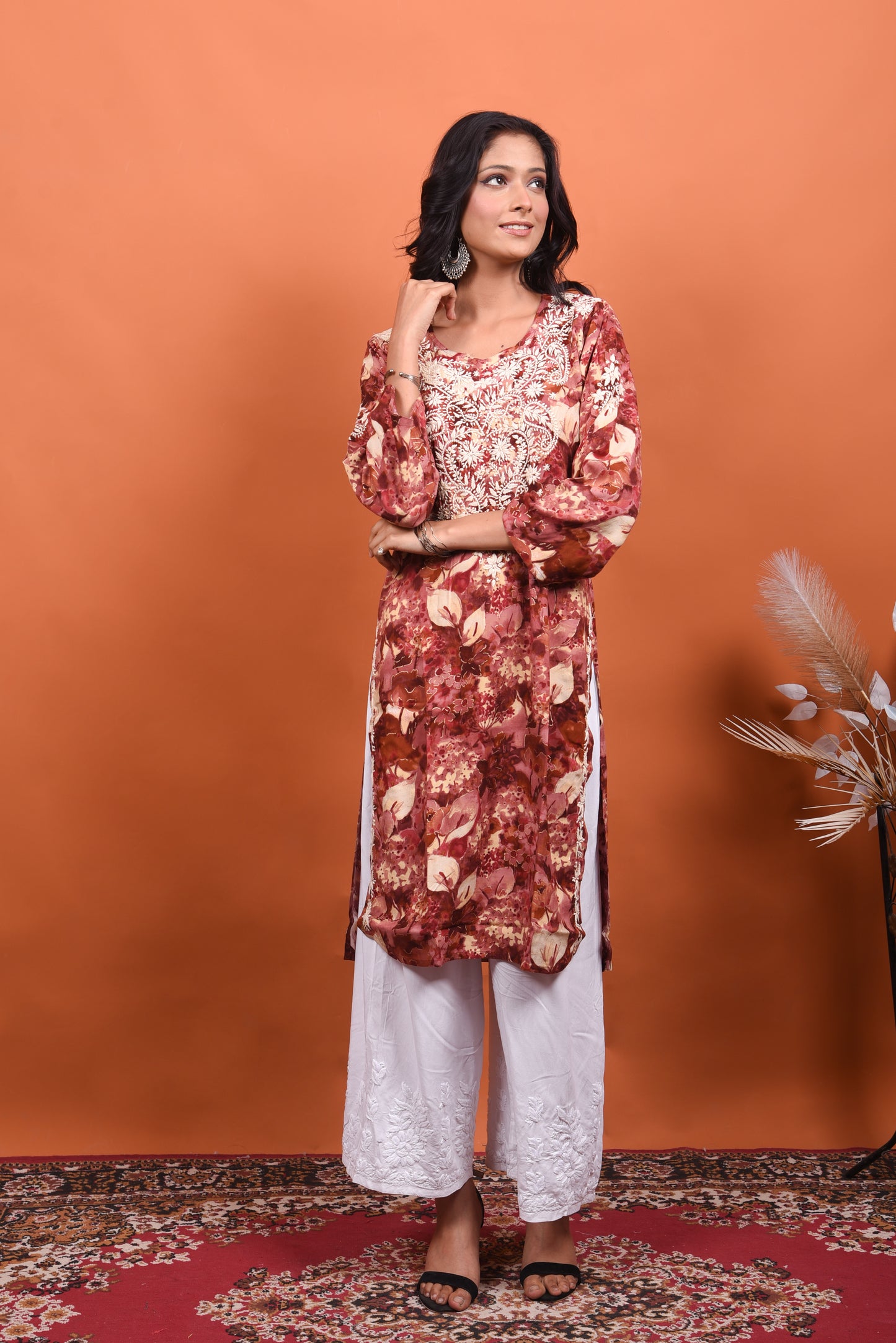 Queens Gold Print Chikankari Kurta with Beige Embroidery|Rusty Pink