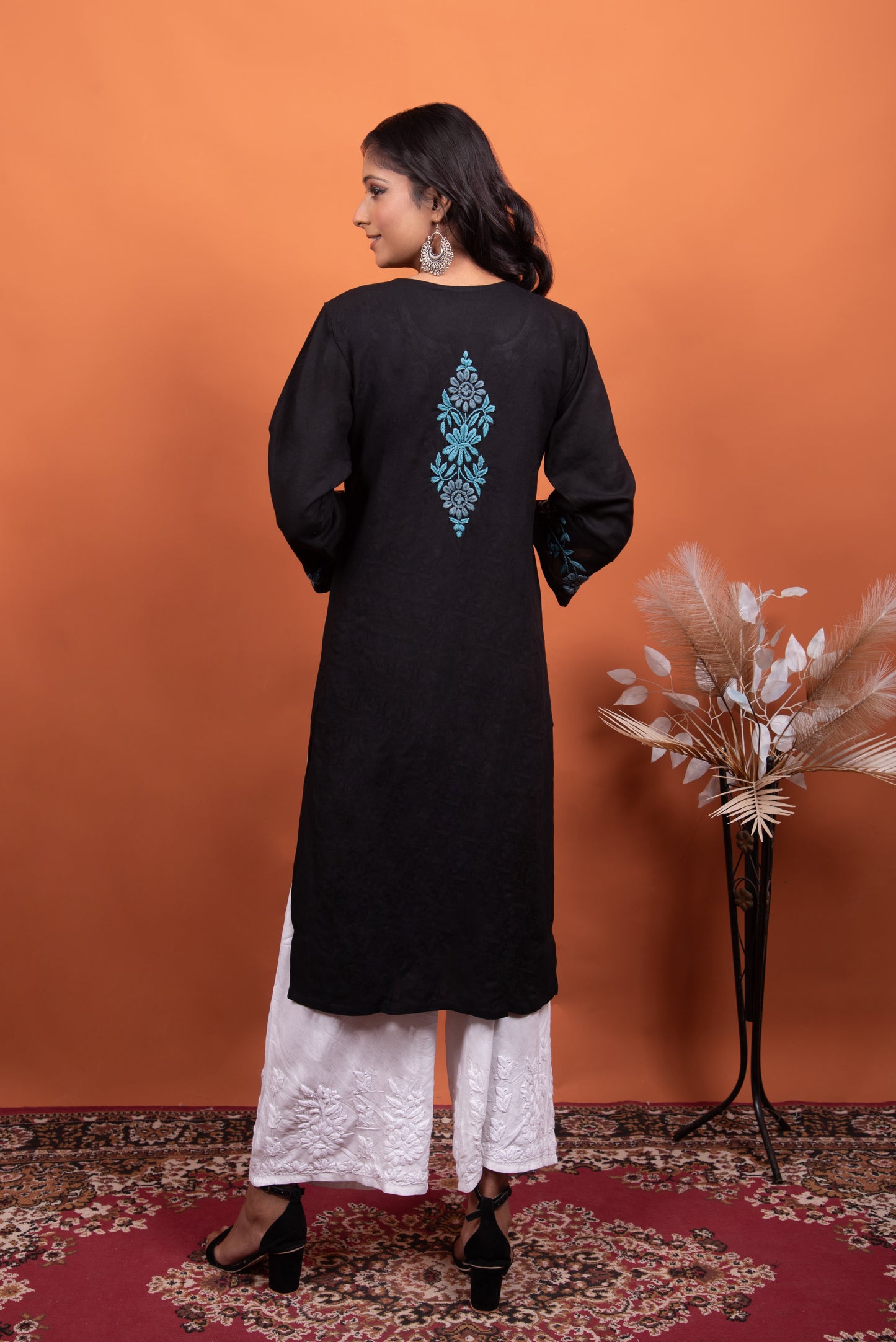 Sia Black Chikankari Long Kurti with Blue Embroidery | Front Open
