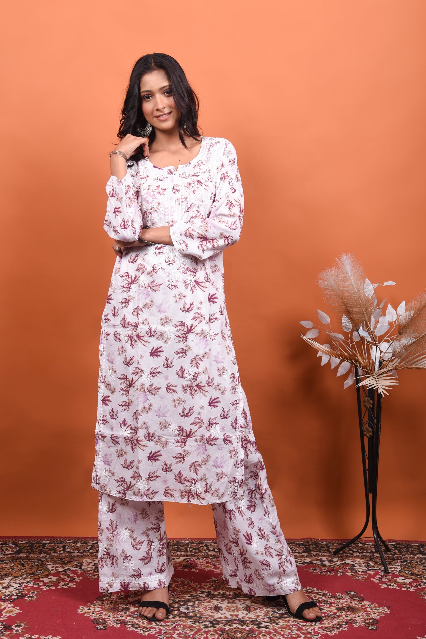 Alya Chikankari Printed Mulmul Kurta Set with Palazzo|Wine Print