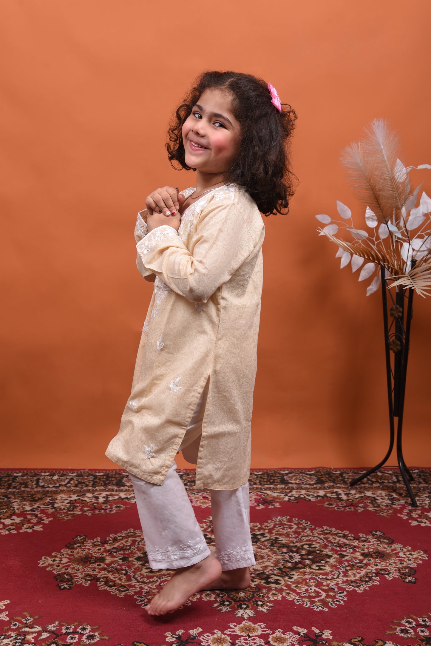Little Trendsetter: Beige Chikankari Cotton Dress