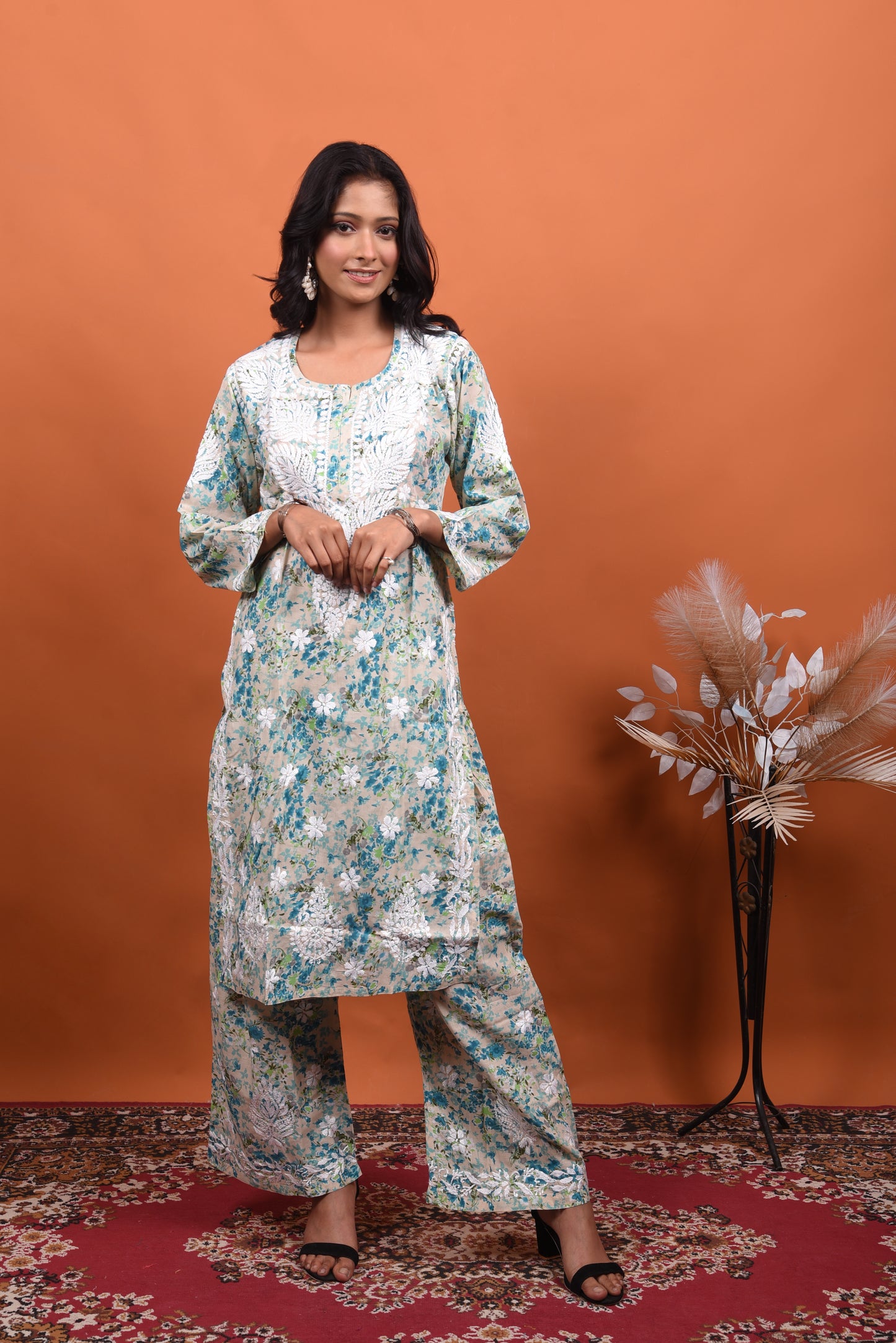Jasmine Printed Mulmul Cotton Chikankari Kurti with Plazo