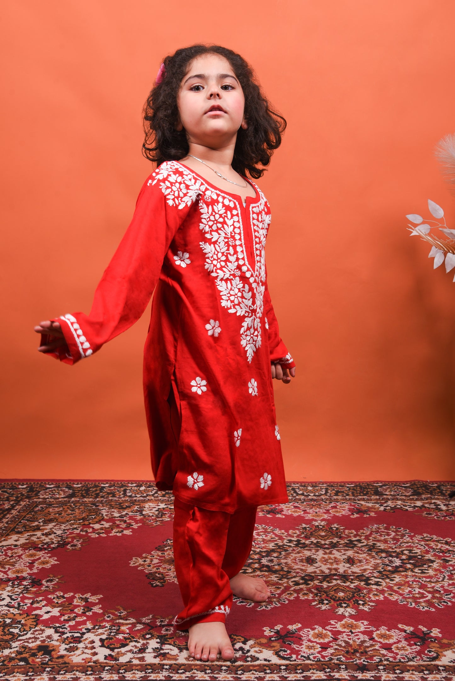 Playtime Perfection: Red Chikankari Kurti Plazo for Girls