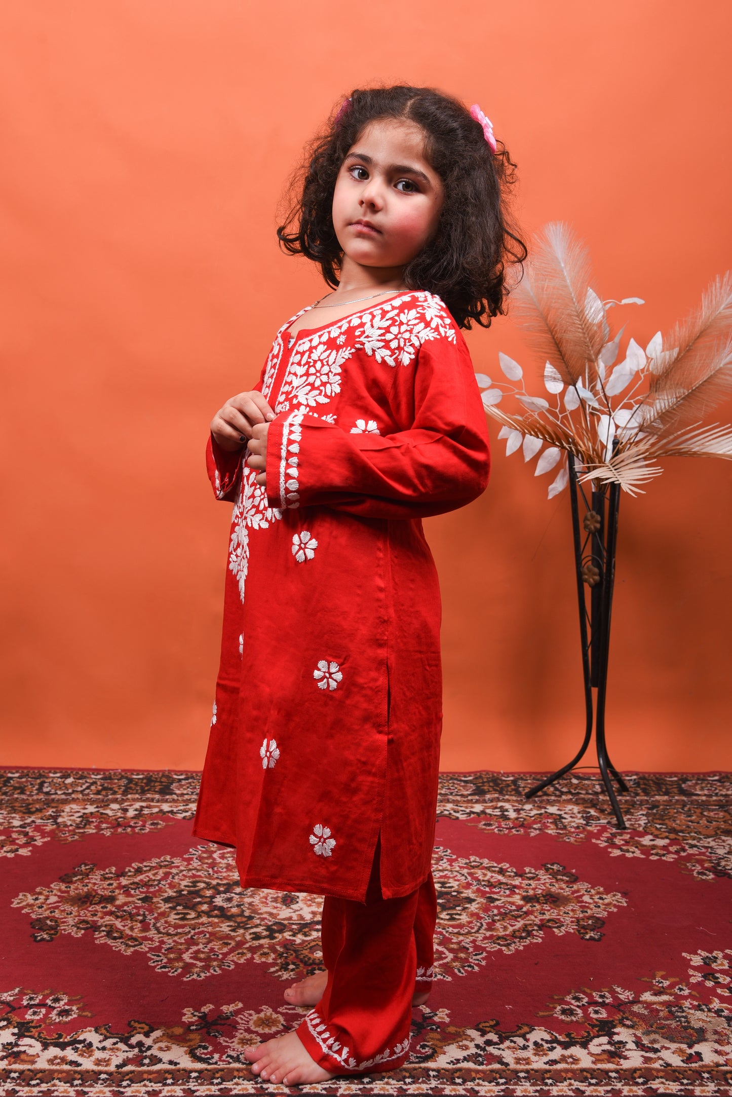 Playtime Perfection: Red Chikankari Kurti Plazo for Girls