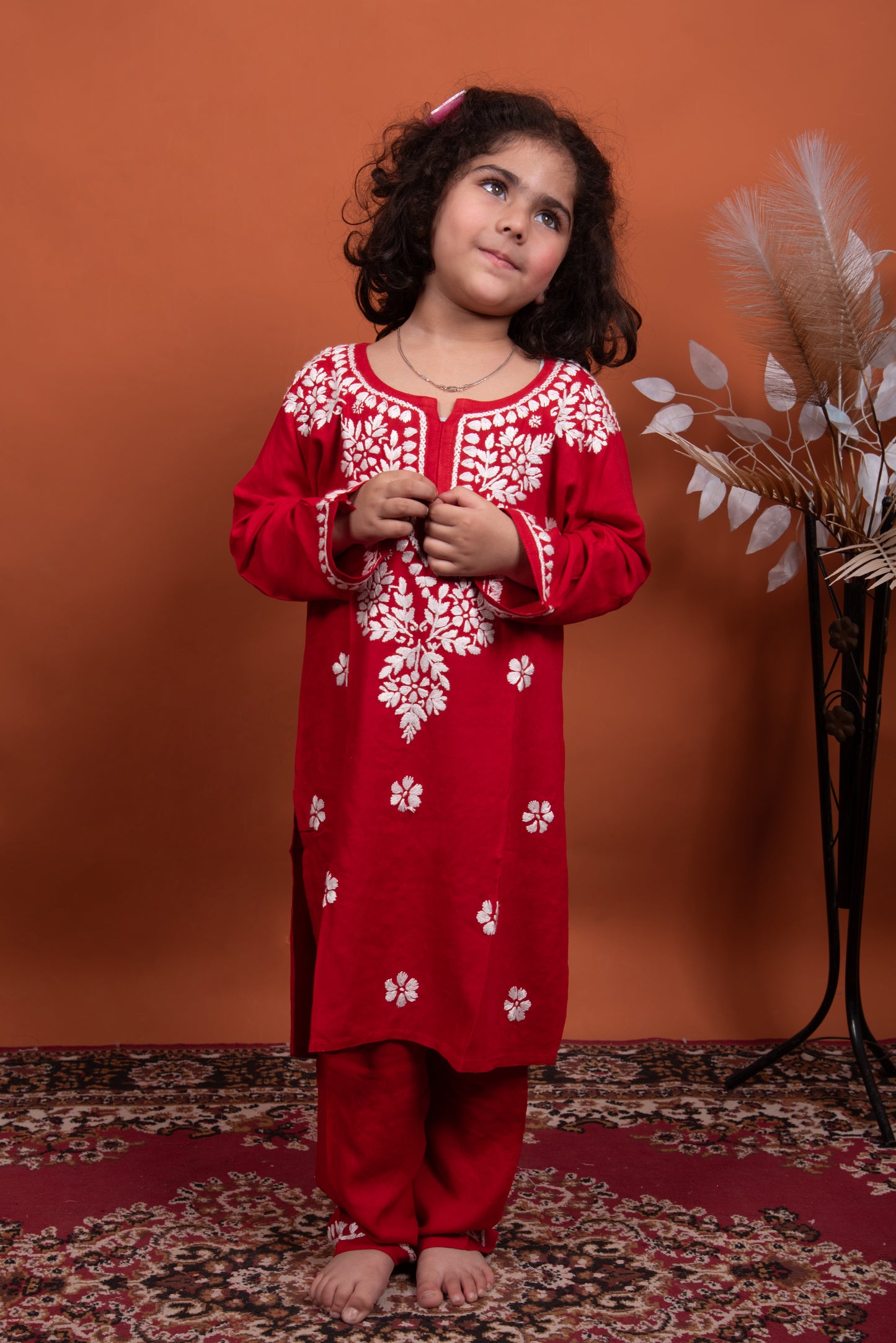 Playtime Perfection: Red Chikankari Kurti Plazo for Girls