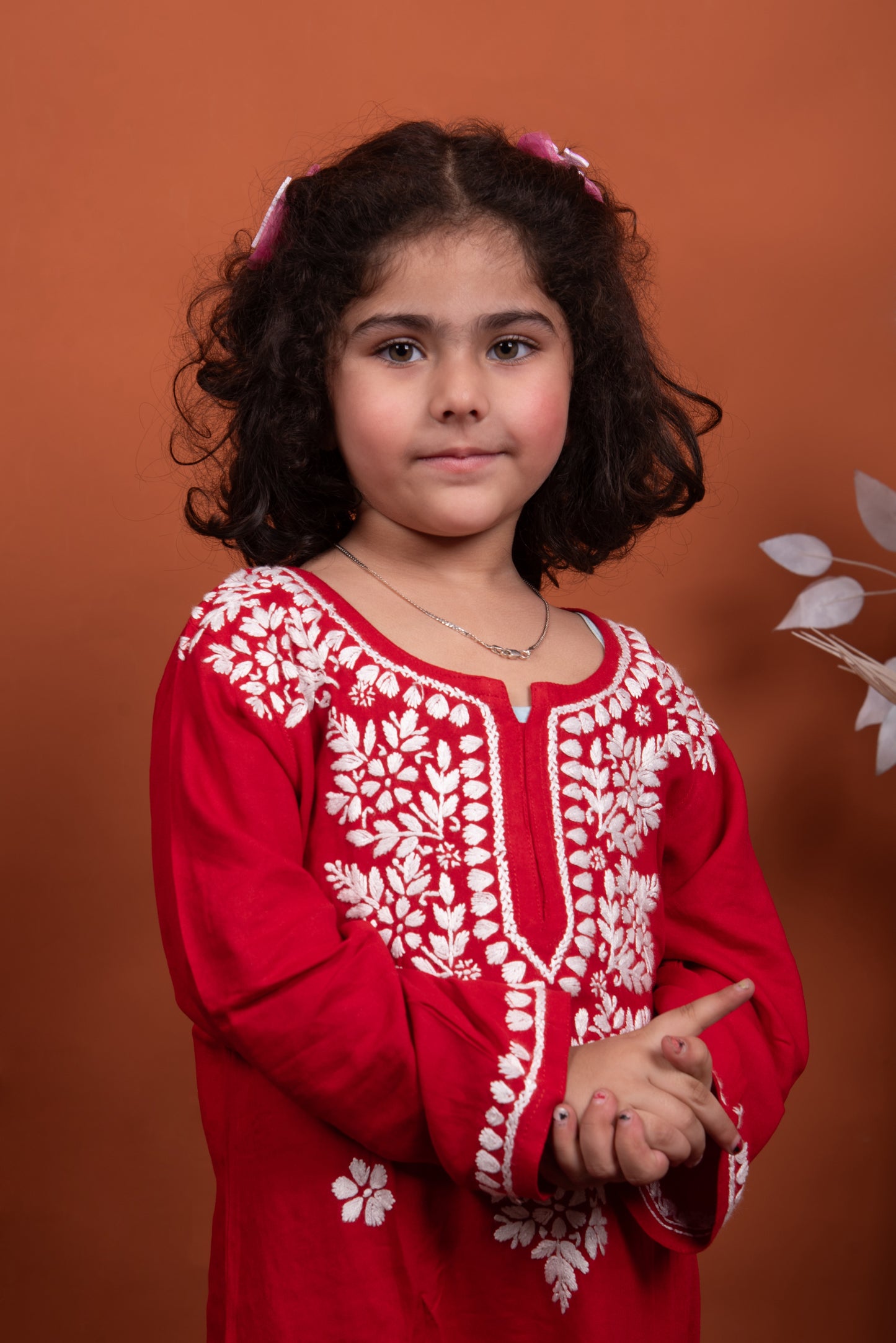 Playtime Perfection: Red Chikankari Kurti Plazo for Girls