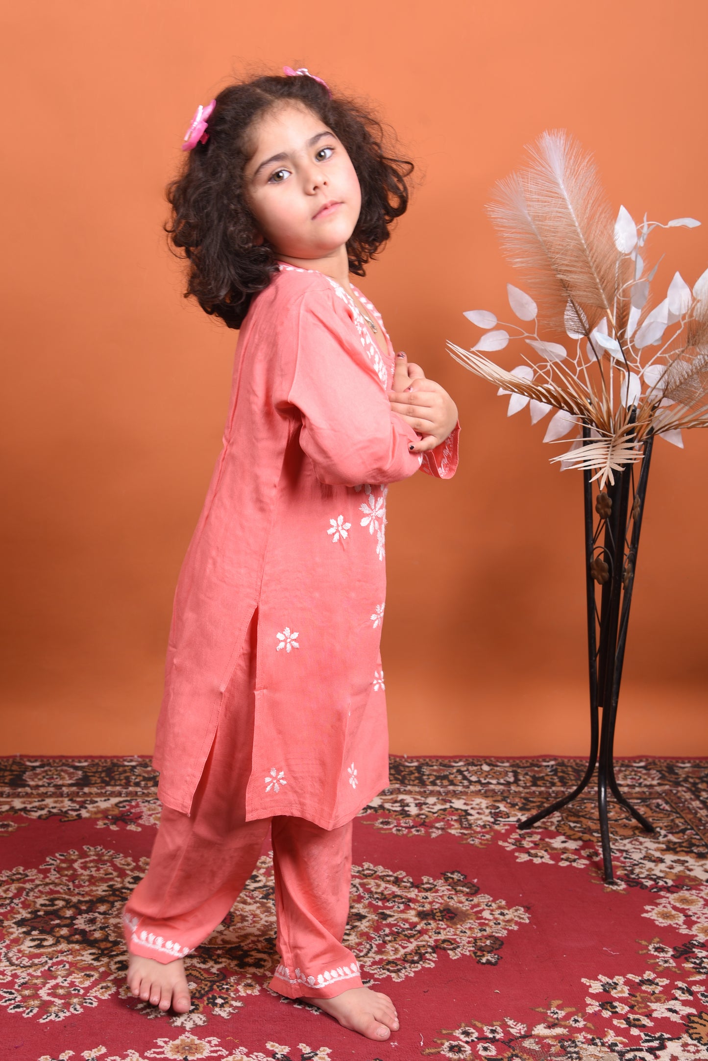 Playtime Perfection: Peach Chikankari Kurti Plazo for Girls