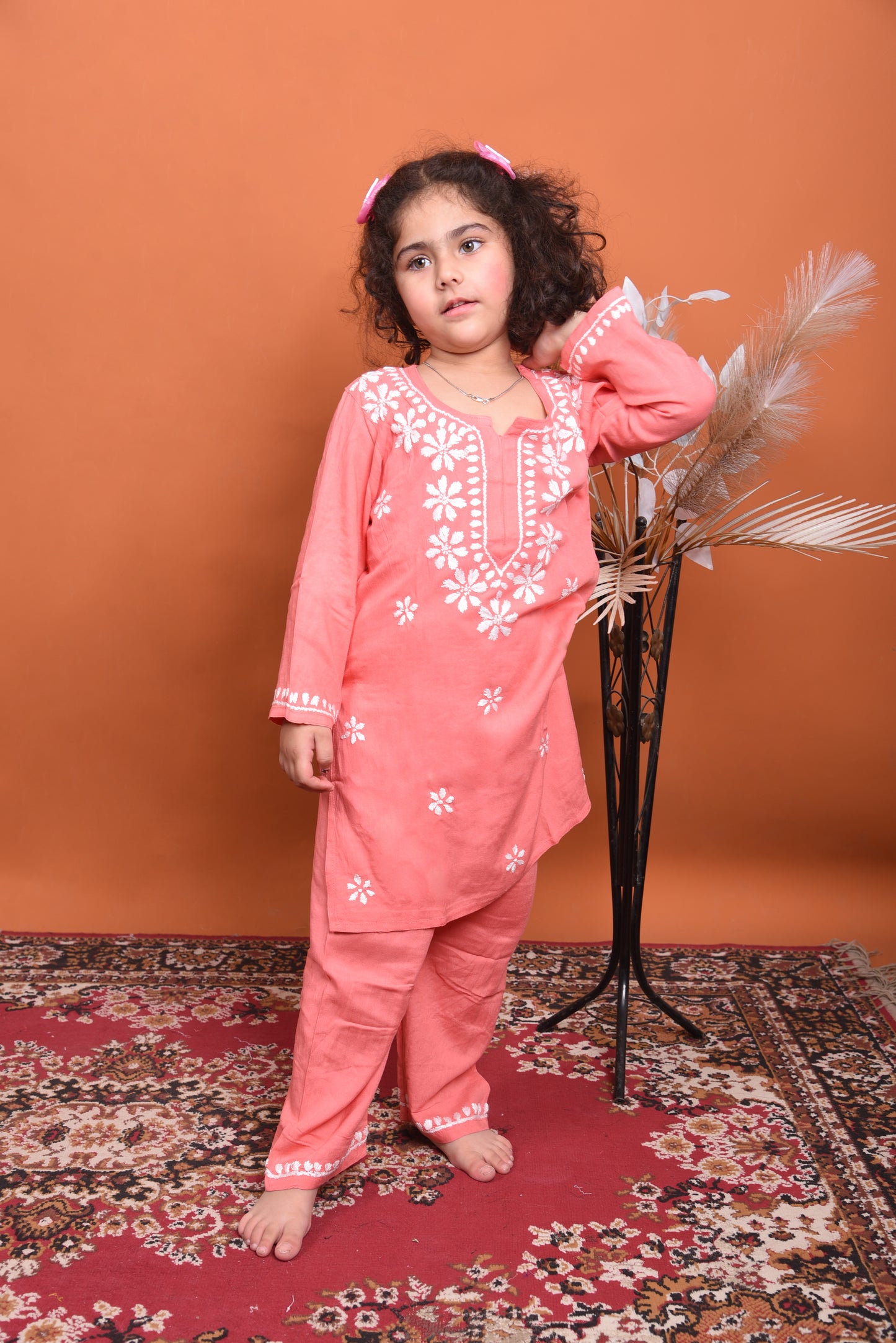 Playtime Perfection: Peach Chikankari Kurti Plazo for Girls