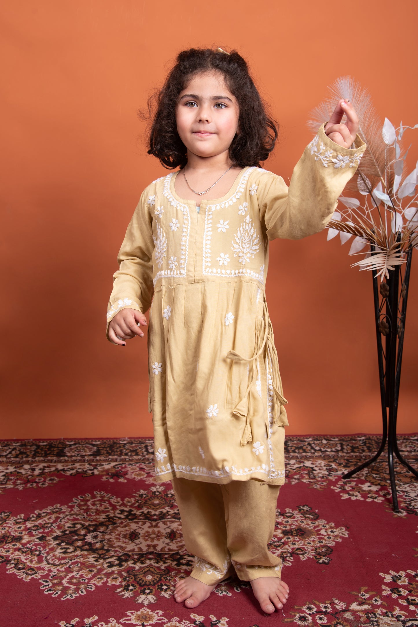 Elegant Girls' Beige Naira Suit with Hand Chikankari