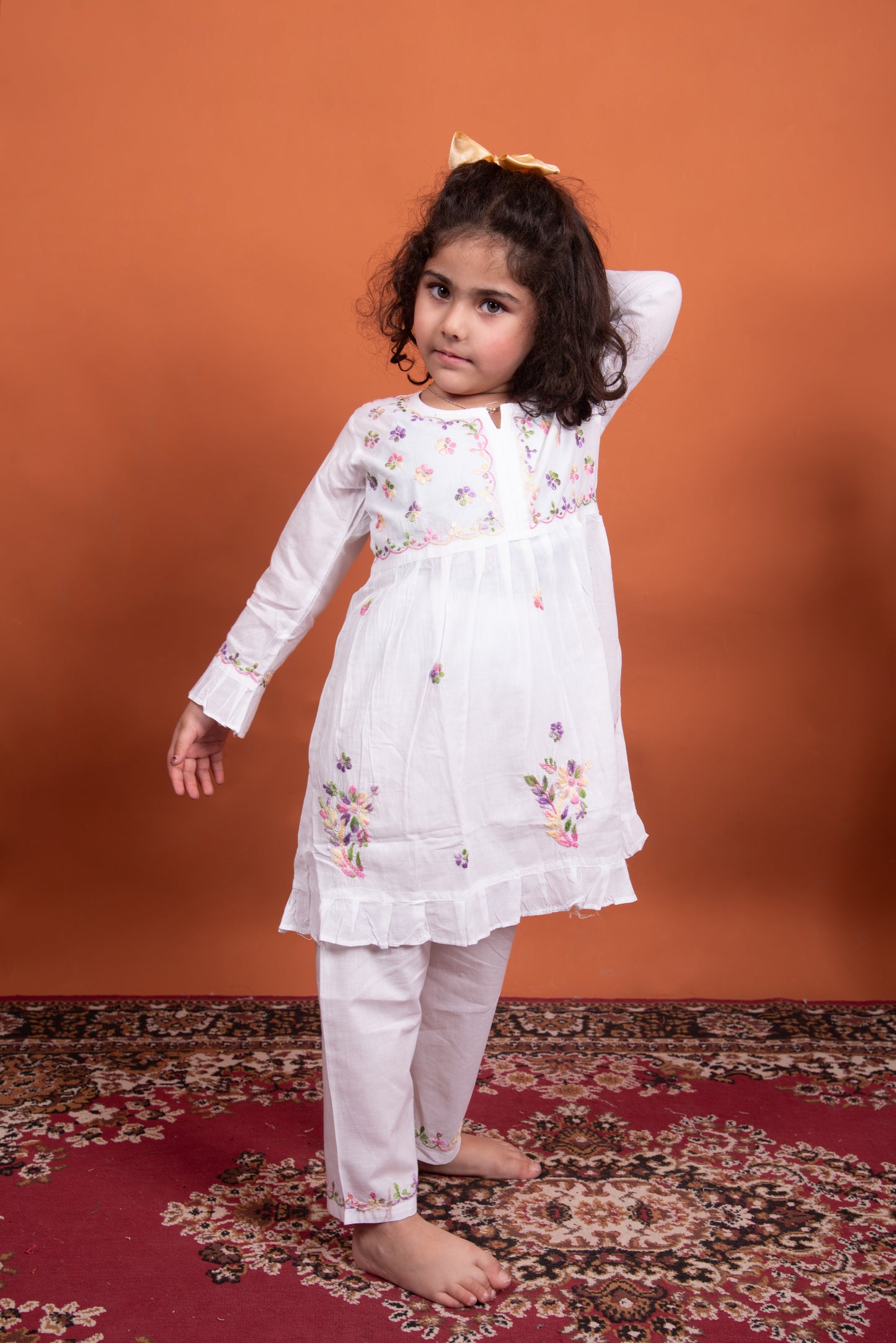 Lil' Blossom: White Mulmul Chikankari Set for Girls with Multi Embroidery
