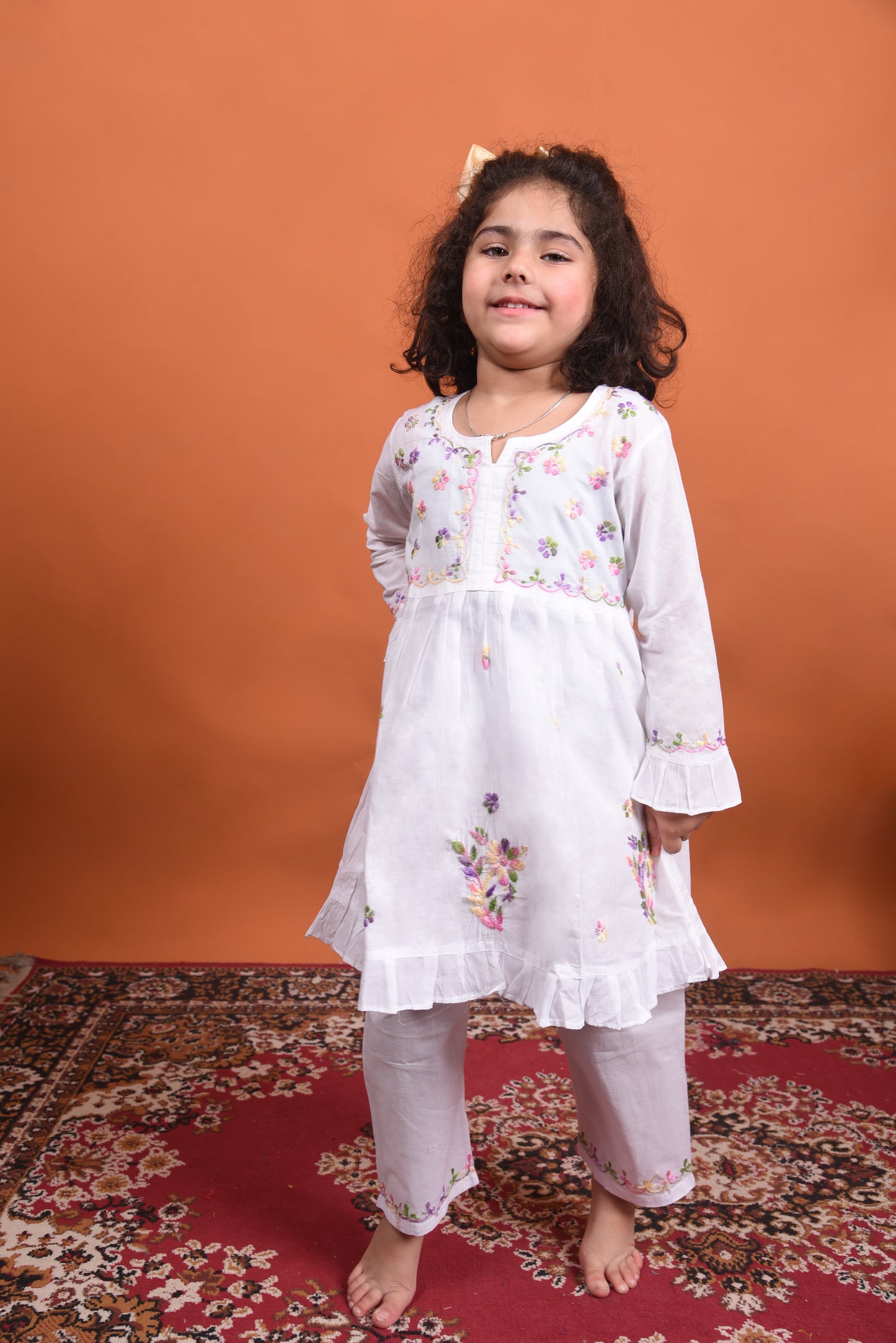 Lil' Blossom: White Mulmul Chikankari Set for Girls with Multi Embroidery