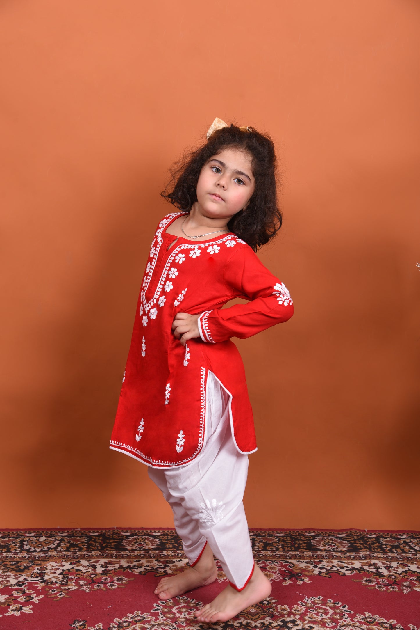 Lil' Princess Red Chikankari Dhoti-Kurta Set