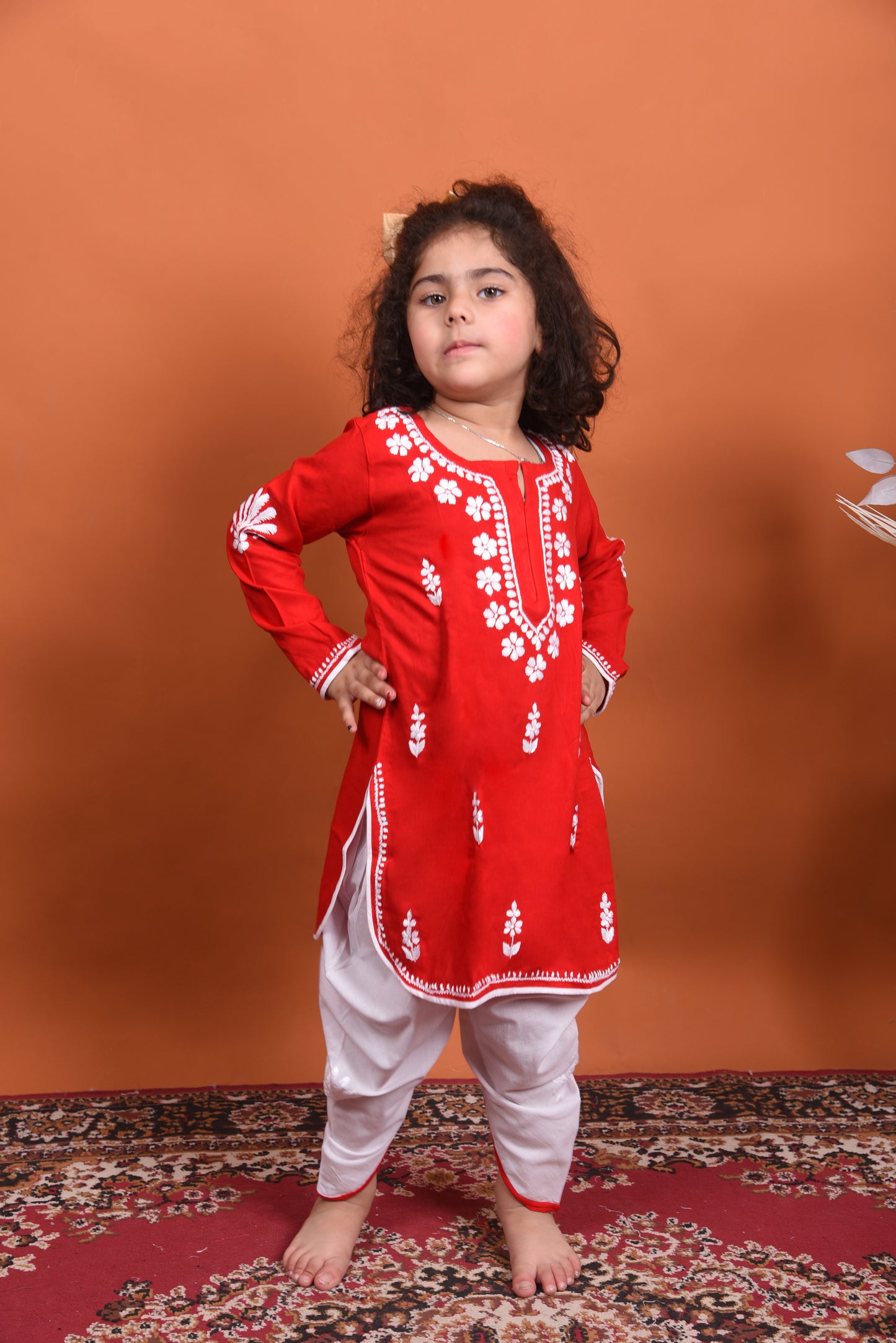 Lil' Princess Red Chikankari Dhoti-Kurta Set