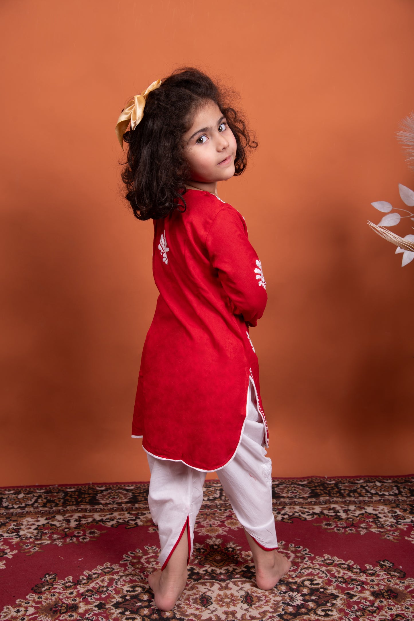 Lil' Princess Red Chikankari Dhoti-Kurta Set