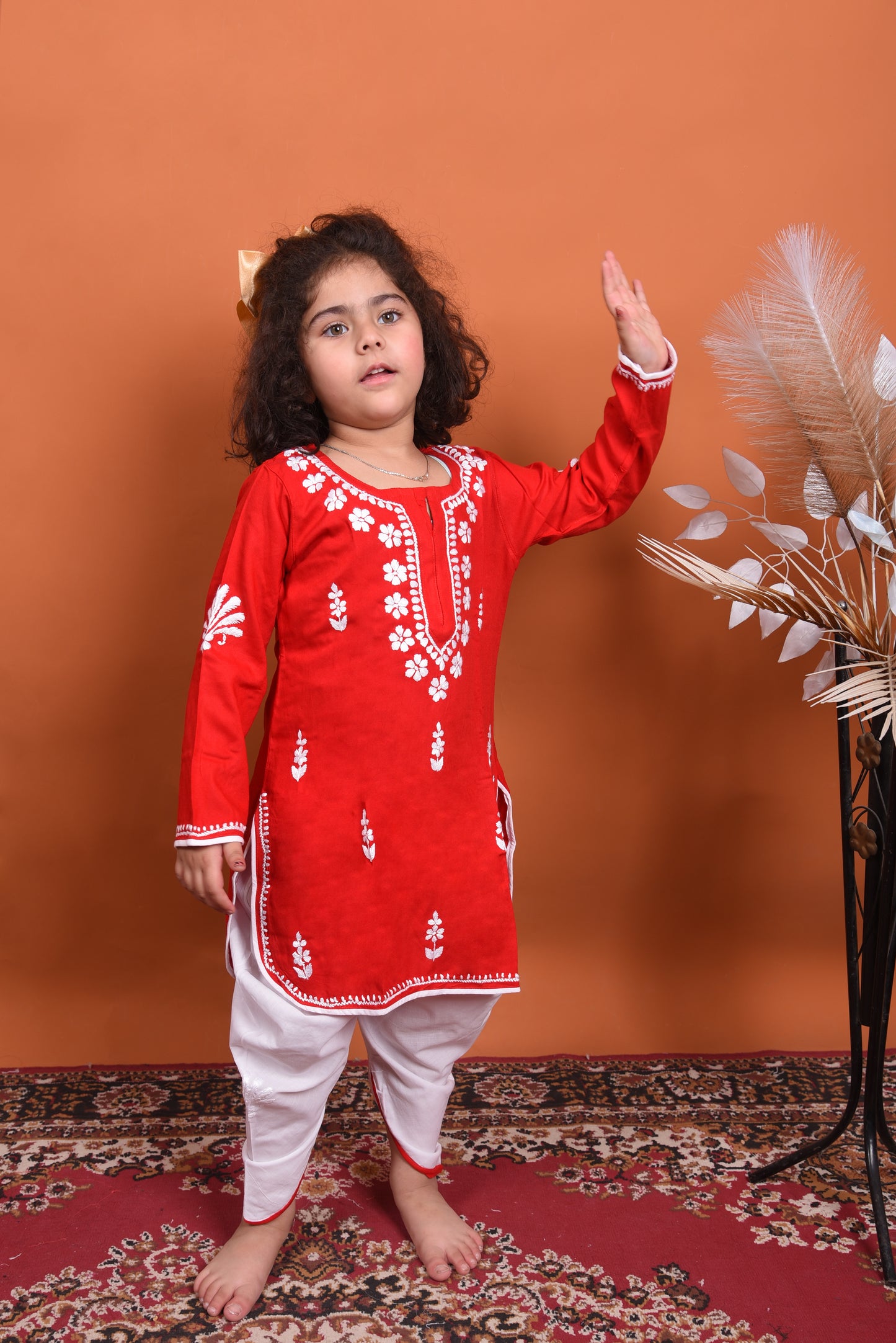 Lil' Princess Red Chikankari Dhoti-Kurta Set