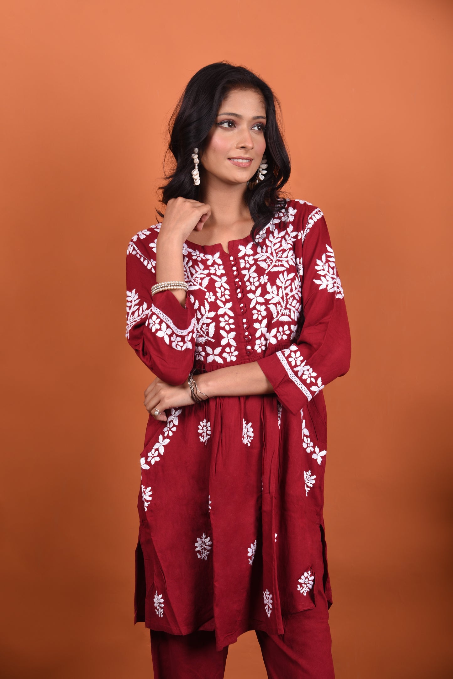 Anisa Chikankari Hand-Embroidered Maroon Rayon Co-ord Set