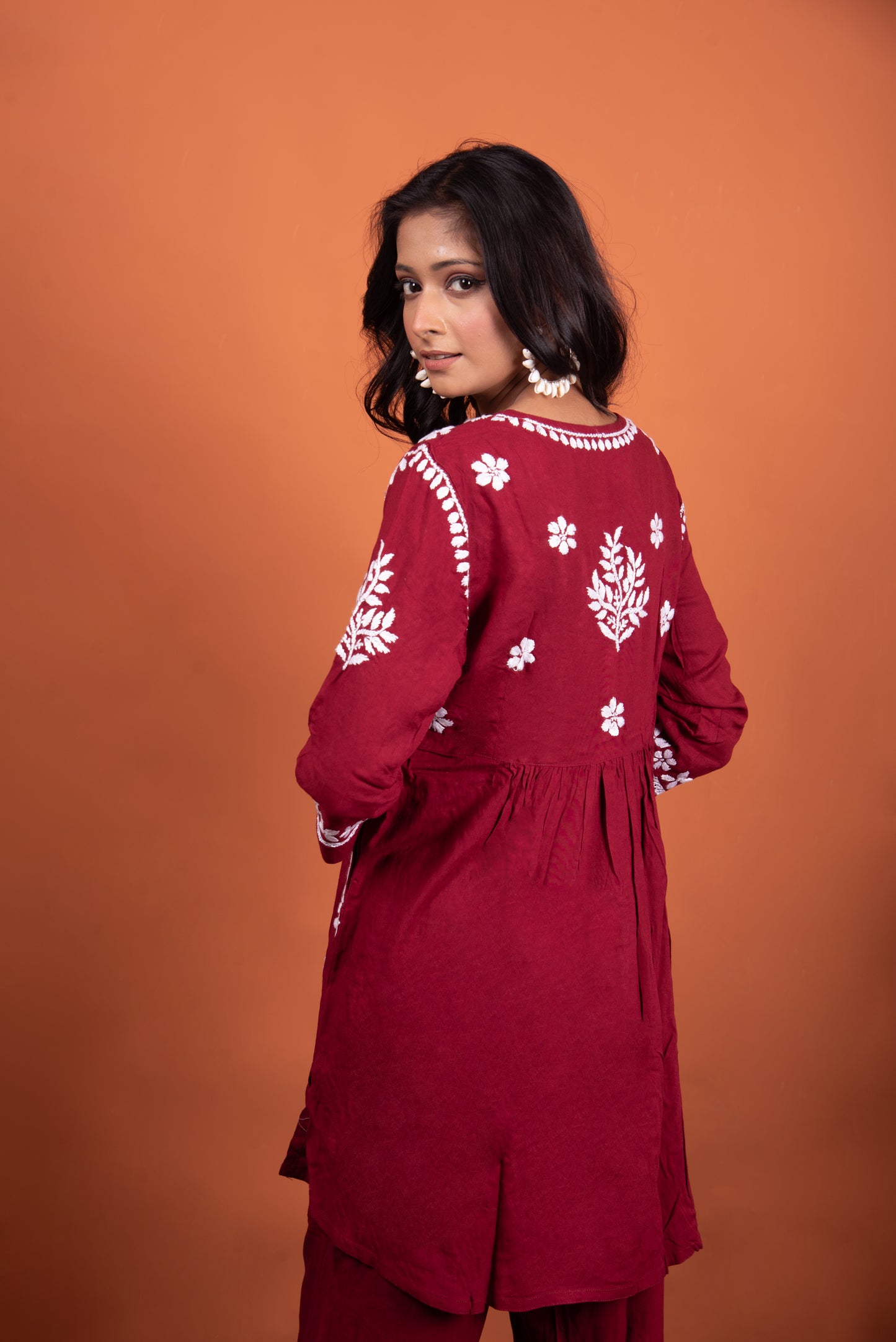 Anisa Chikankari Hand-Embroidered Maroon Rayon Co-ord Set