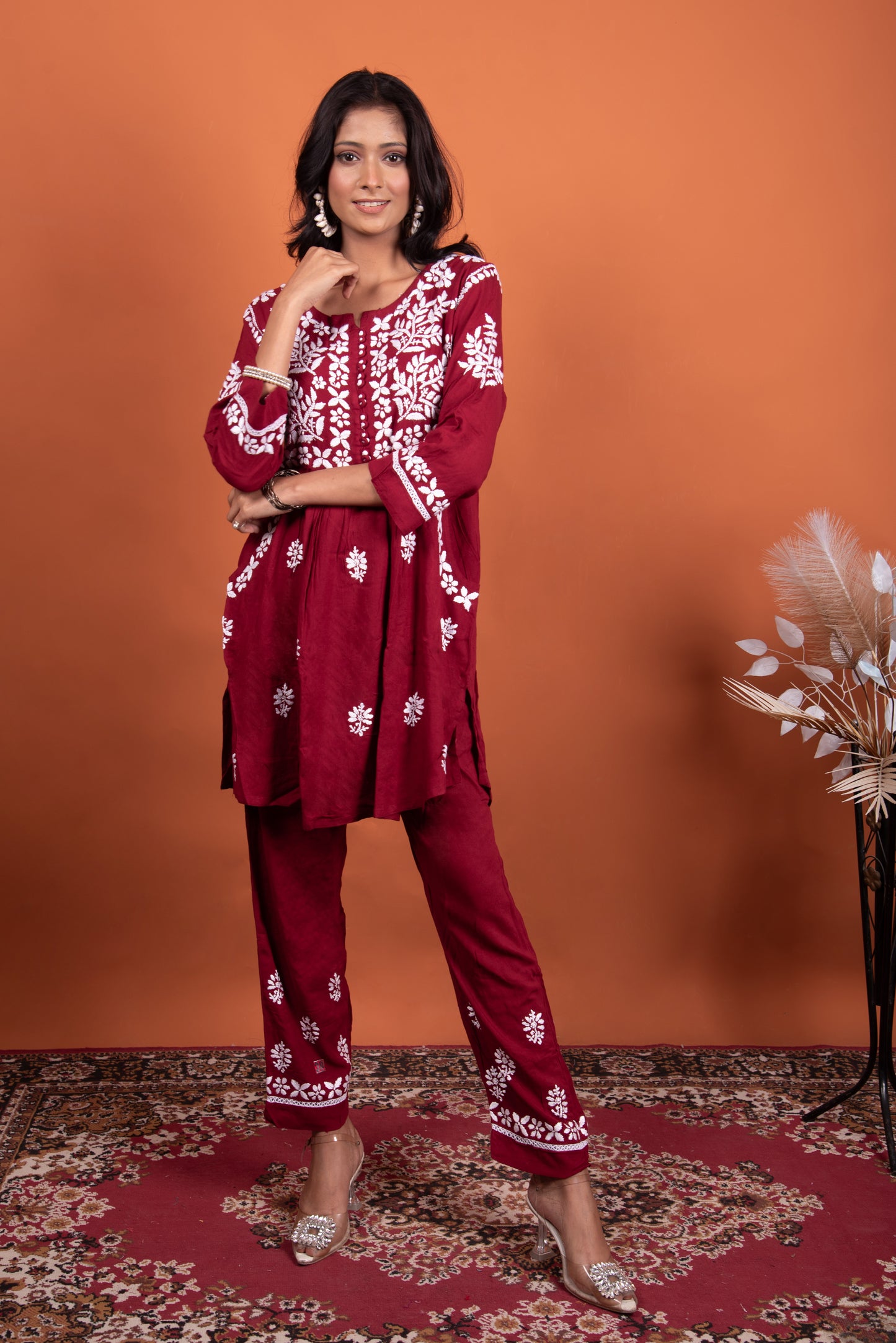 Anisa Chikankari Hand-Embroidered Maroon Rayon Co-ord Set