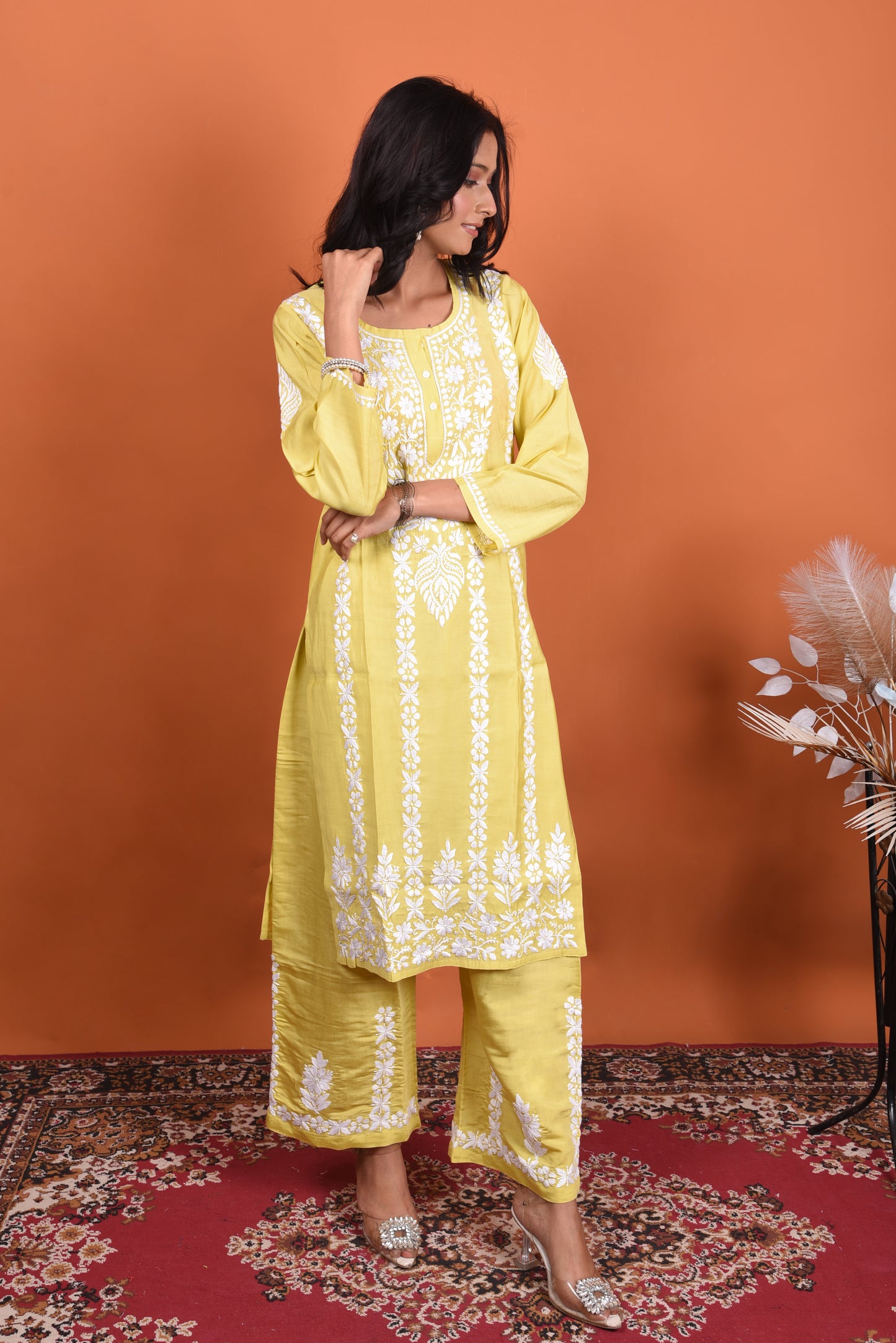 Mahira Exquisite Chikankari Kurti Plazo Set | Yellowish Green