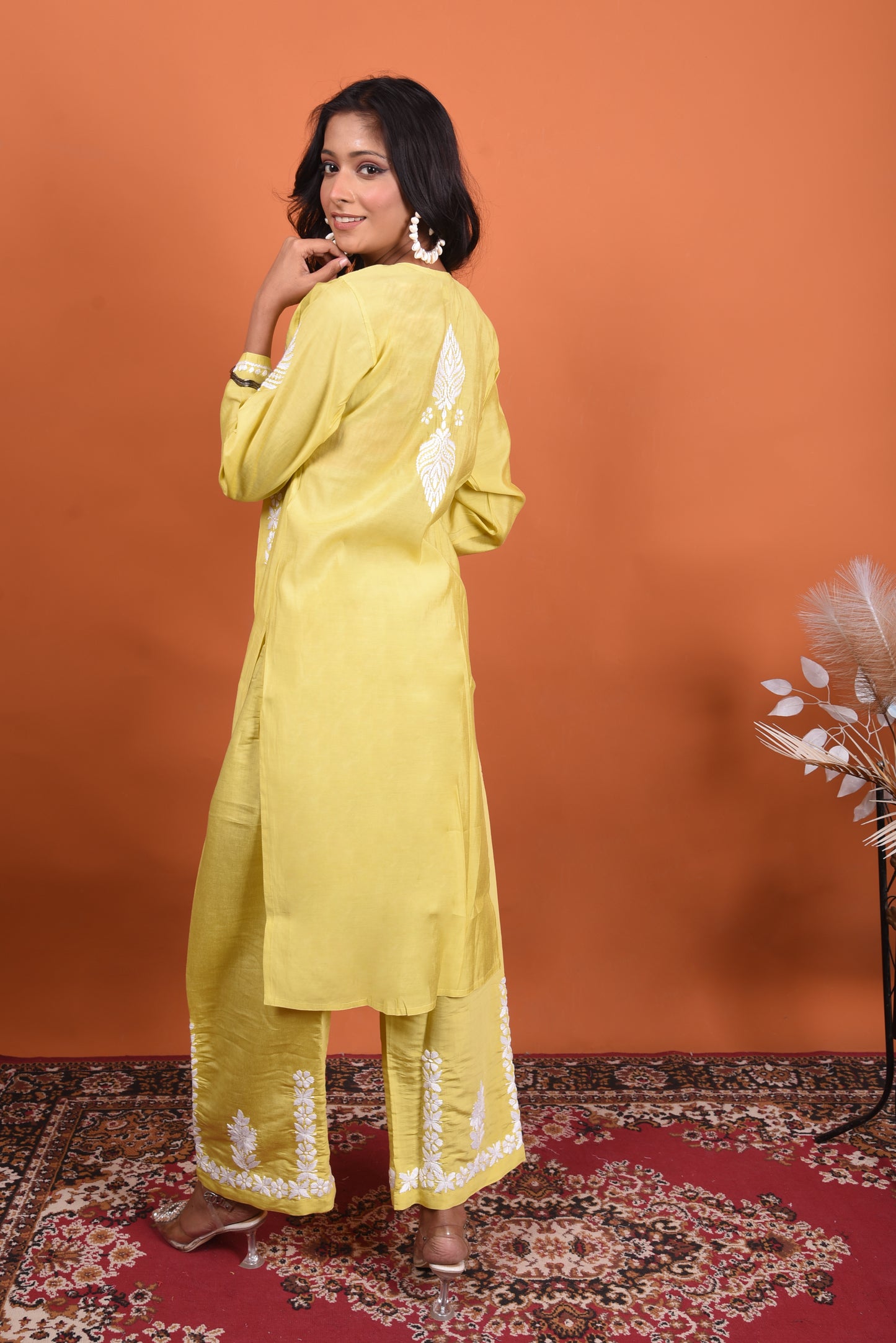 Mahira Exquisite Chikankari Kurti Plazo Set | Yellowish Green