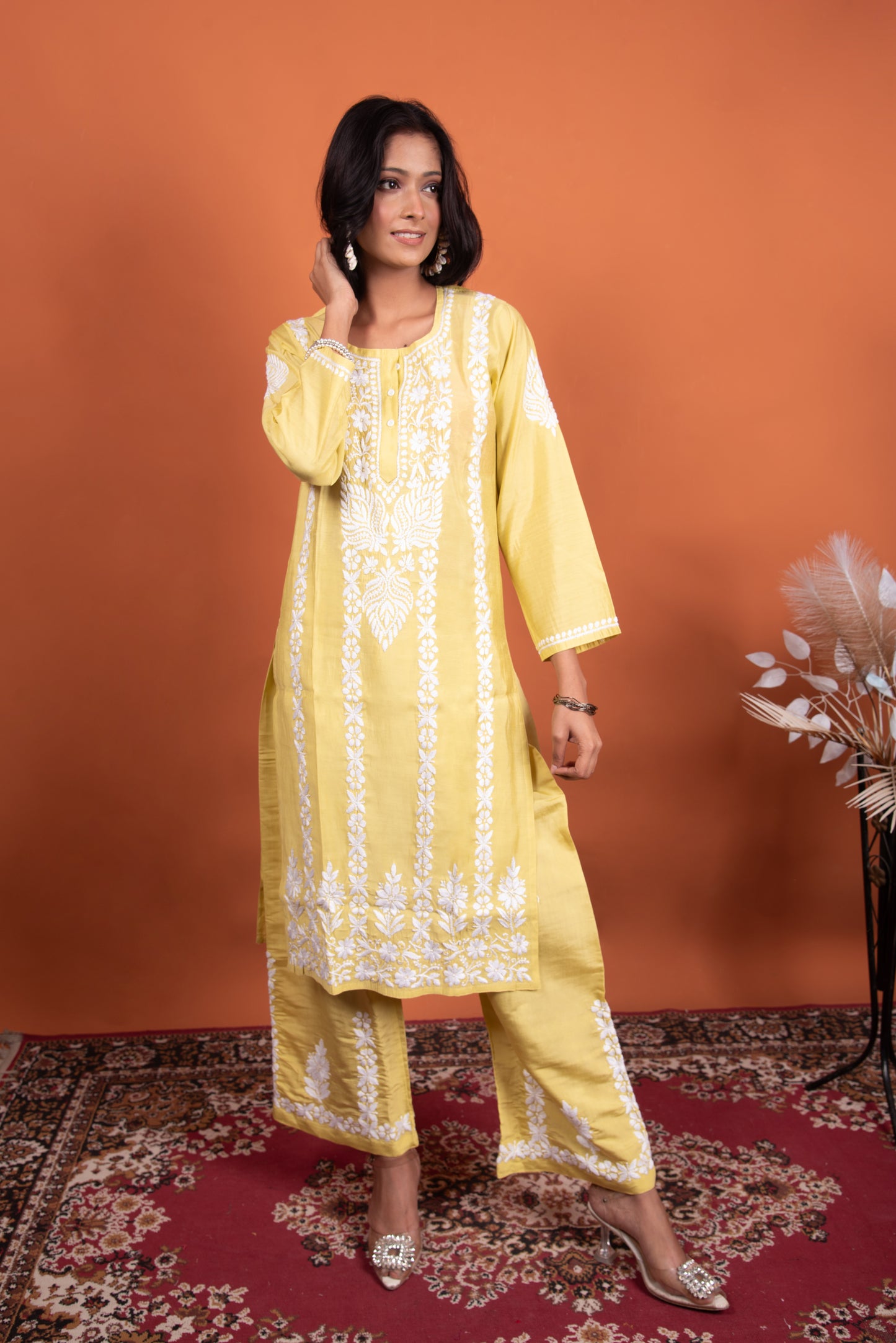 Mahira Exquisite Chikankari Kurti Plazo Set | Yellowish Green