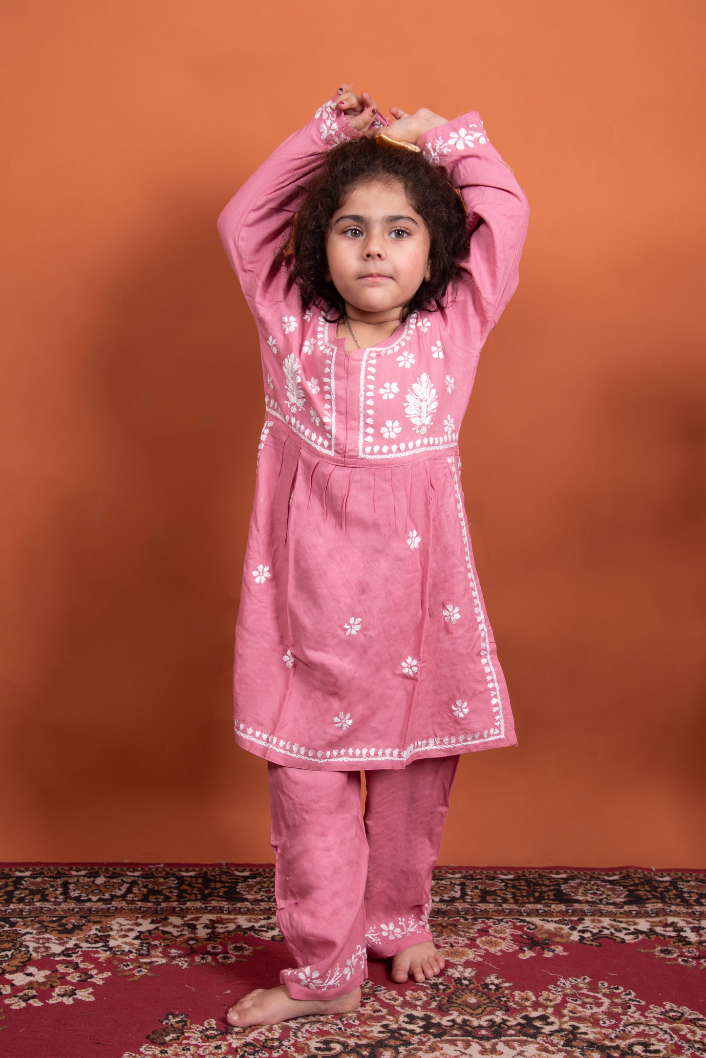 Elegant Girls' Peach Naira Suit with Hand Chikankari