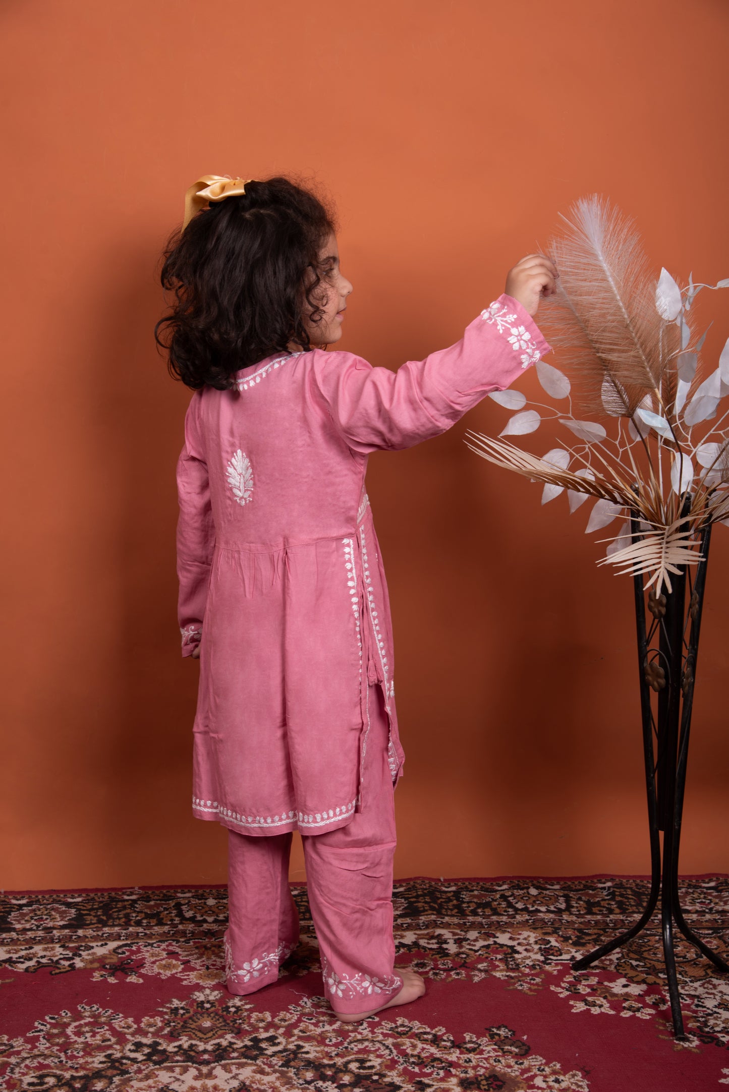 Elegant Girls' Peach Naira Suit with Hand Chikankari