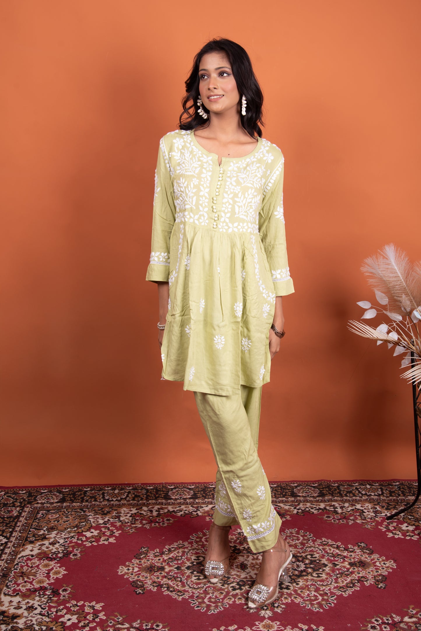 Anisa Chikankari Hand-Embroidered Green Rayon Co-ord Set