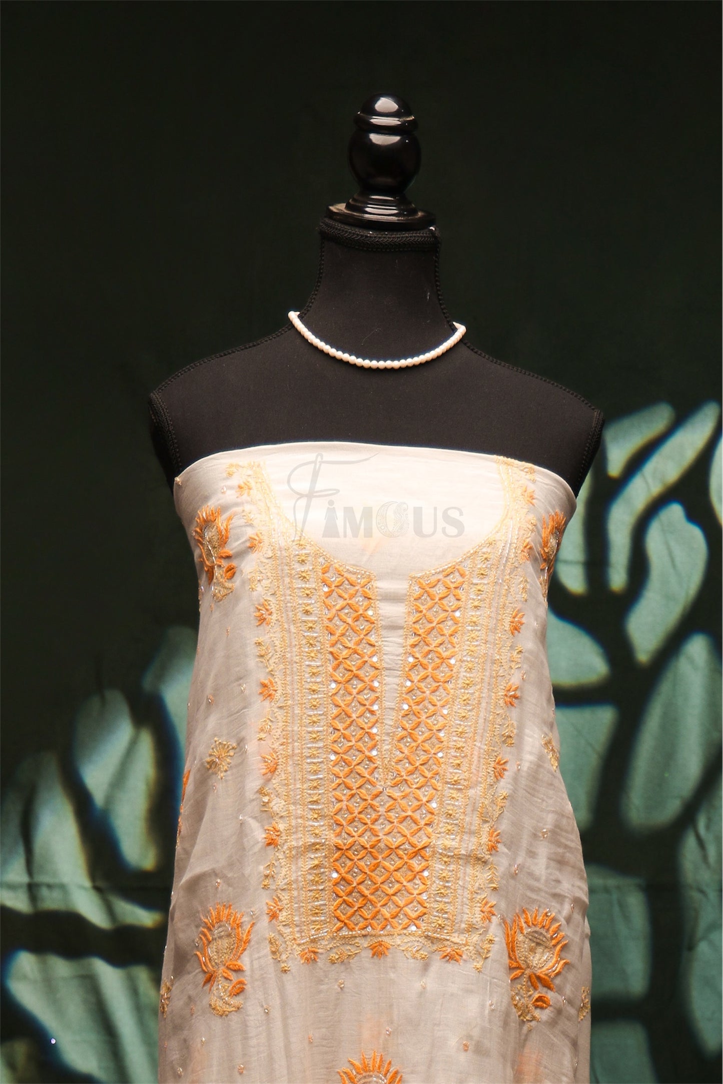 Zunaira Mul Chanderi – Unstitched White & Pastel Chikankari & Pearl Kurta Dupatta Set