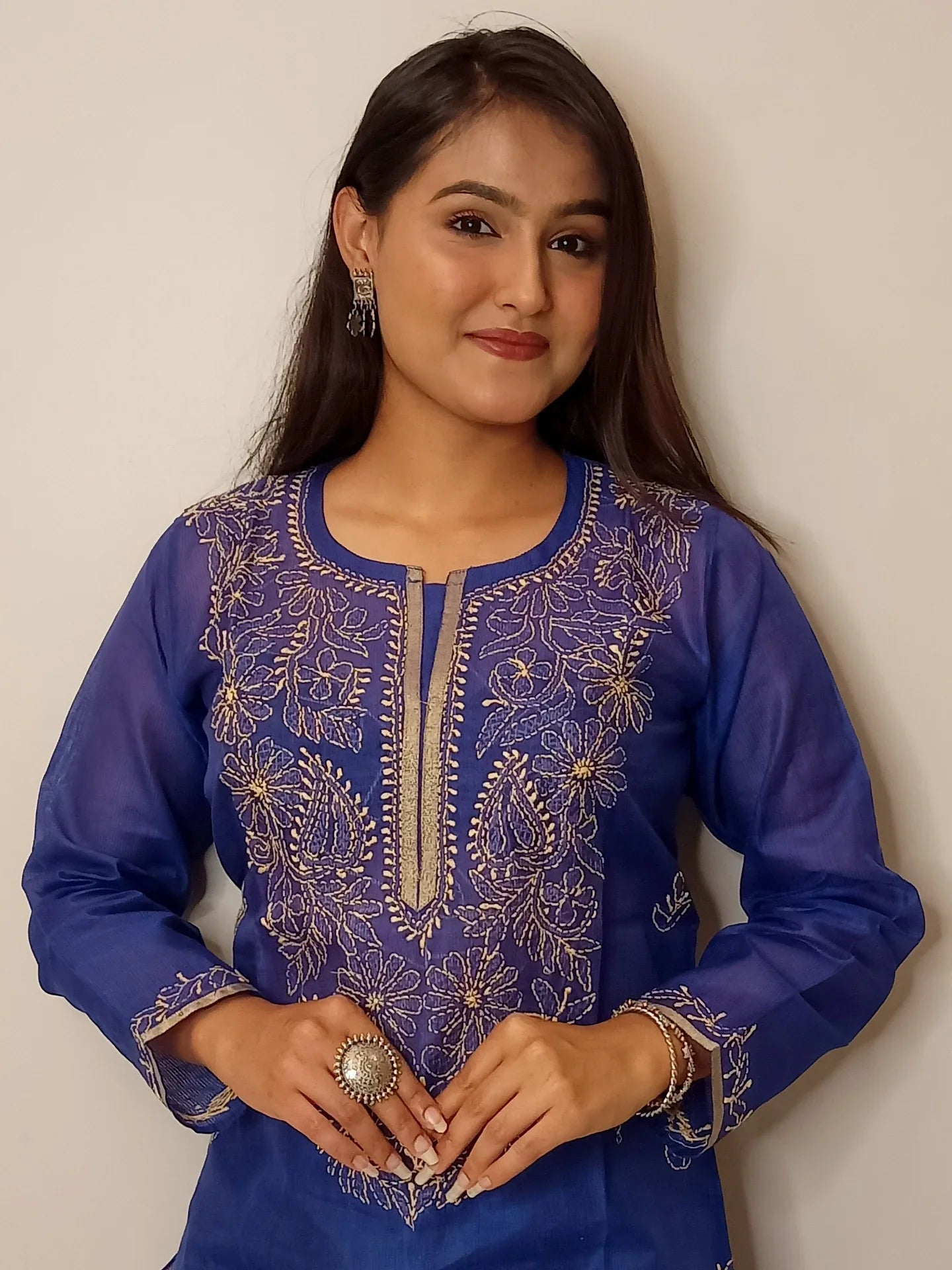 Navy Blue Chanderi Chikankari Long Kurti - Famous Chikankari