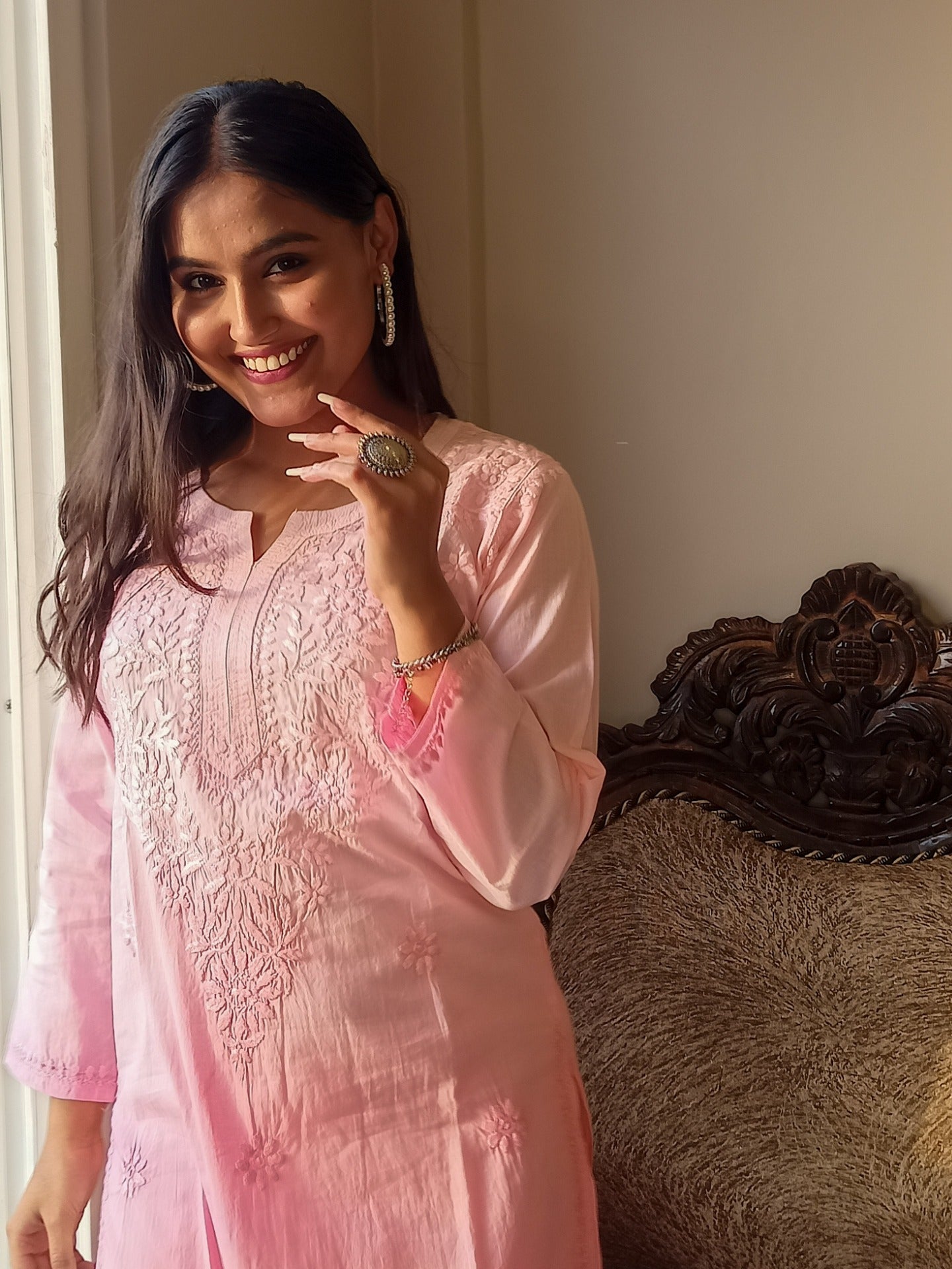 Baby Pink Neck Work Chikankari Straight Long Kurti