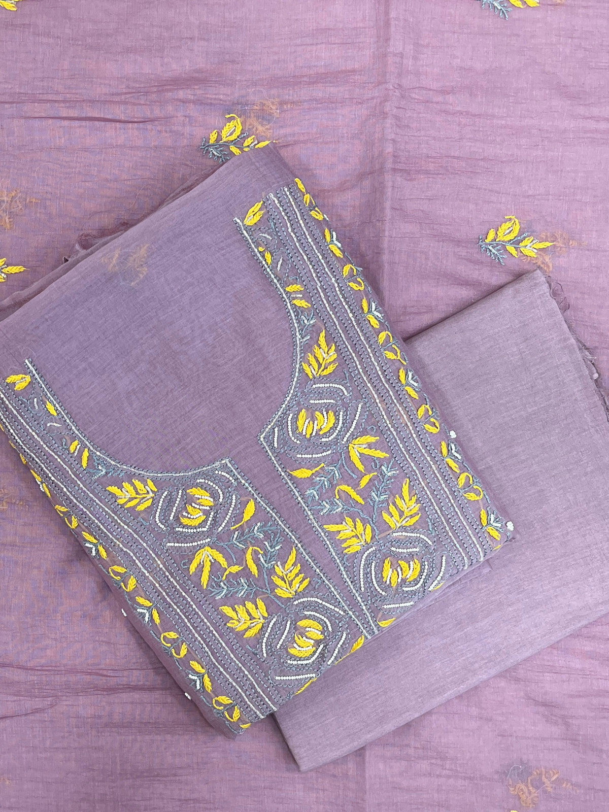 Noor-e-Mulmul | Dusty Mauve Mul Chanderi Chikankari Unstitched Suit