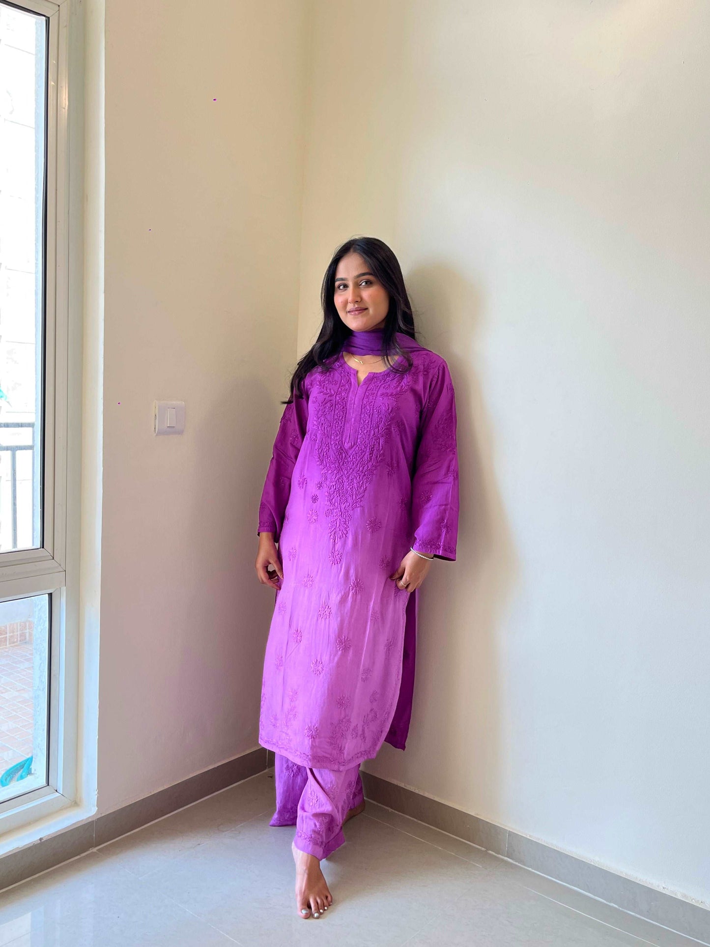 Karizma Modal Chikankari Stiched Set(Purple)