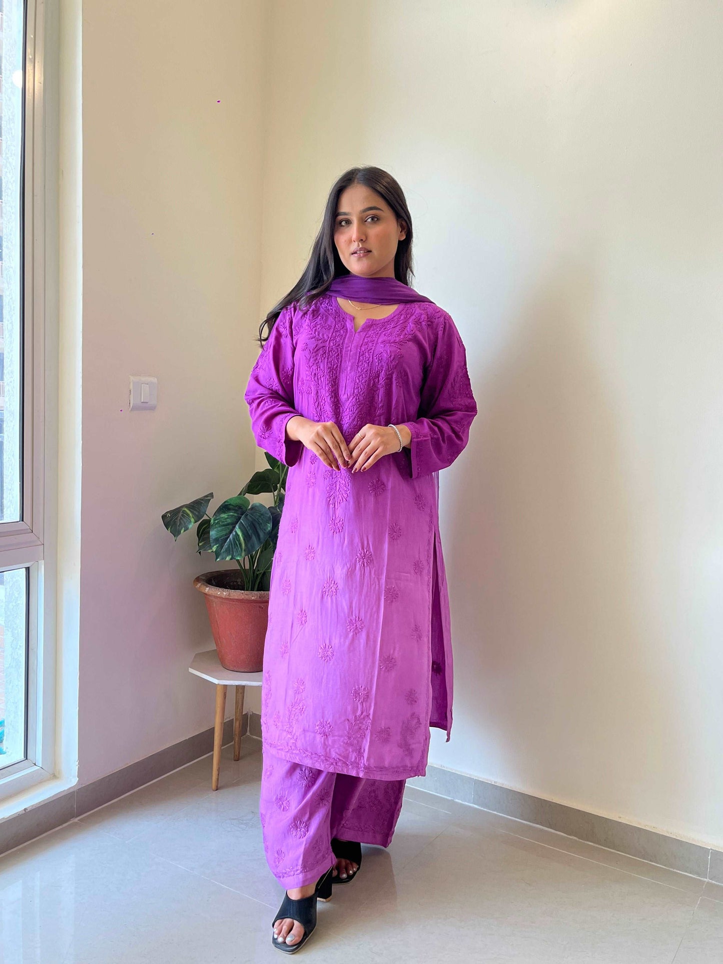 Karizma Modal Chikankari Stiched Set(Purple)