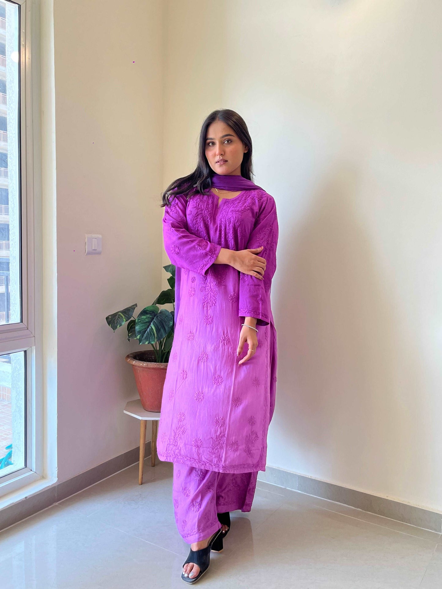 Karizma Modal Chikankari Stiched Set(Purple)