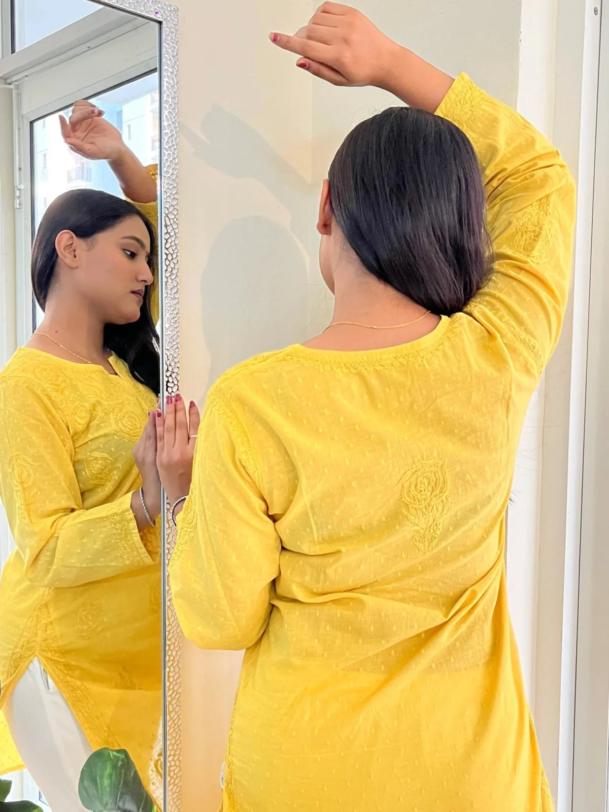 Yellow Chikankari Rose Design Straight Long Kurti - Famous Chikankari